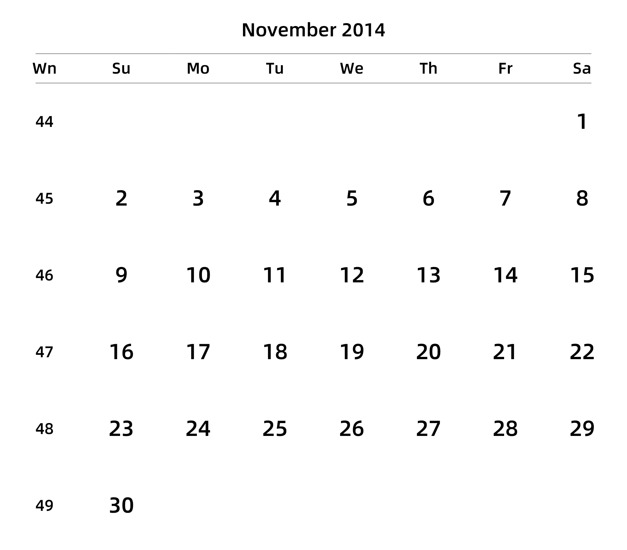 英文版 周日开始 带周数