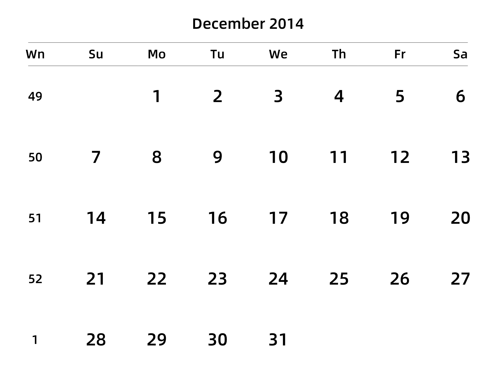 英文版 周日开始 带周数