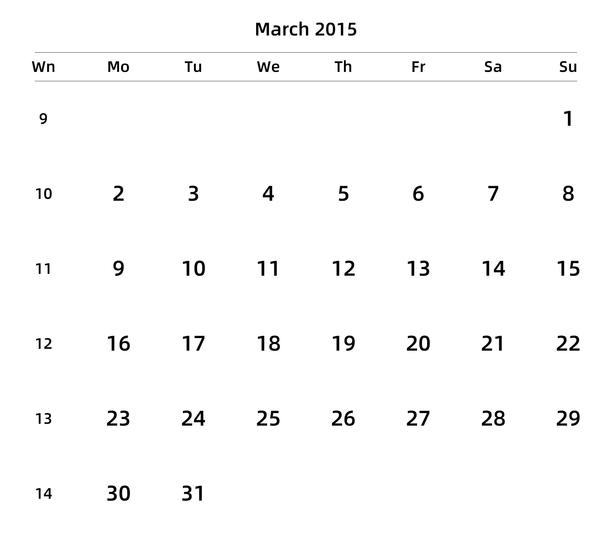 英文版 周一开始 带周数