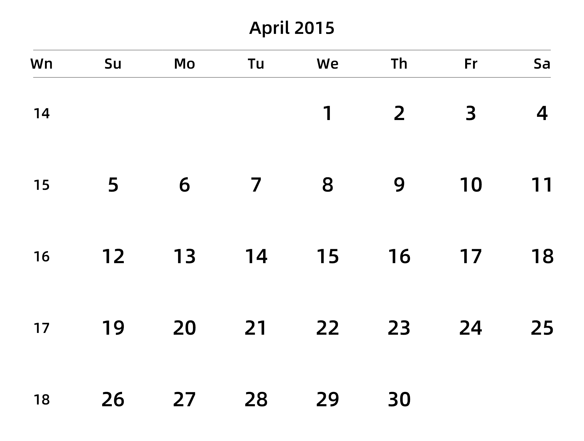 英文版 周日开始 带周数