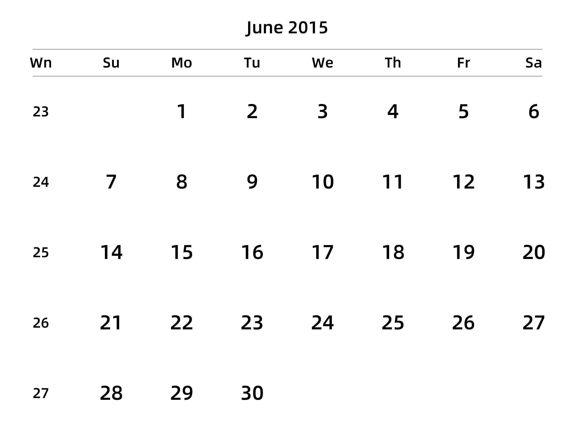 英文版 周日开始 带周数