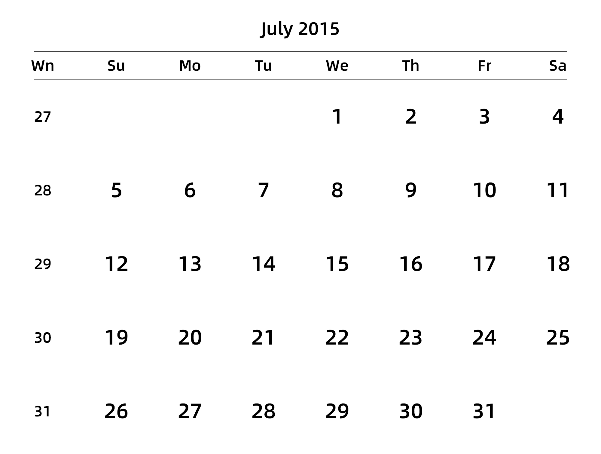 英文版 周日开始 带周数