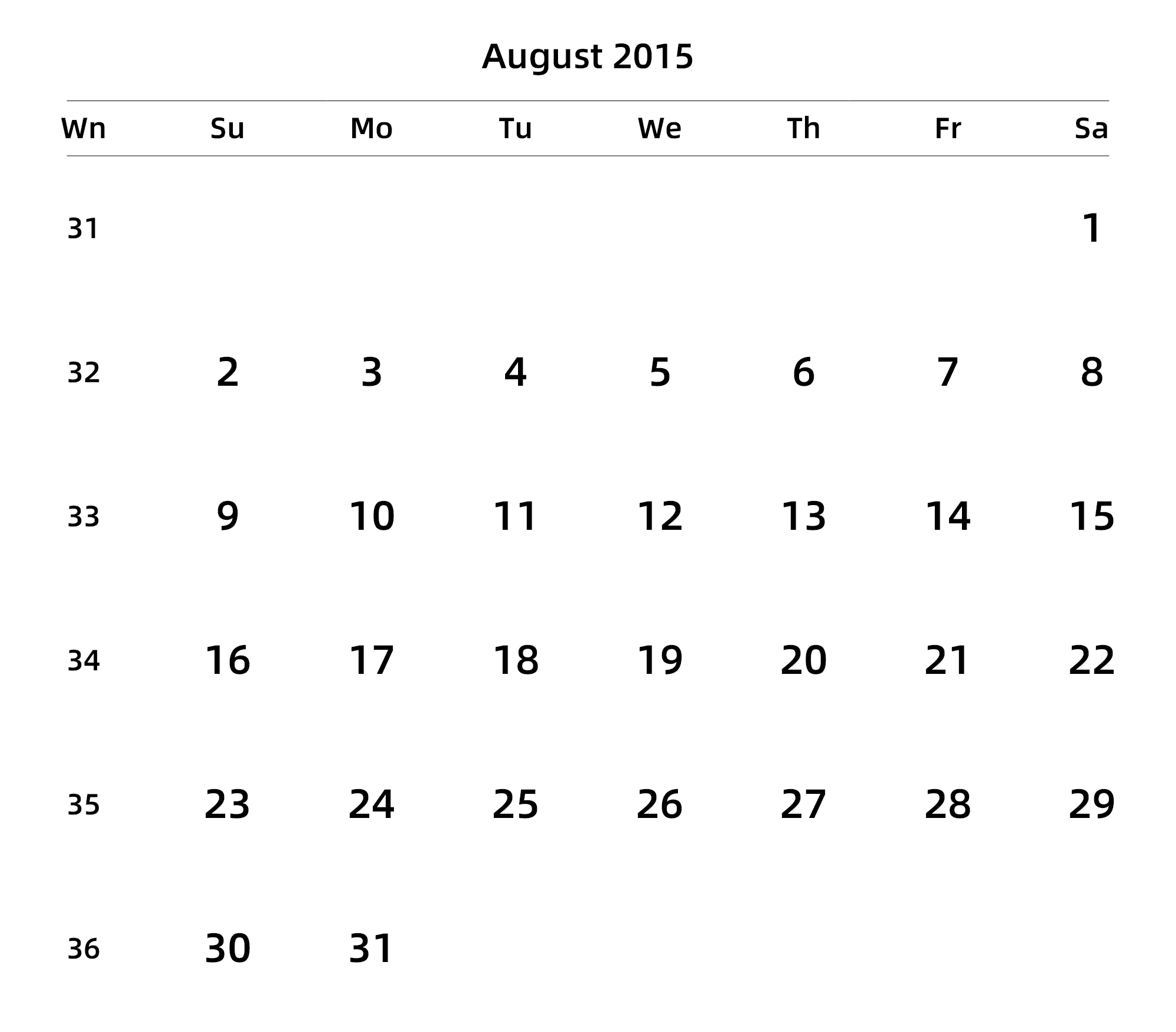 英文版 周日开始 带周数