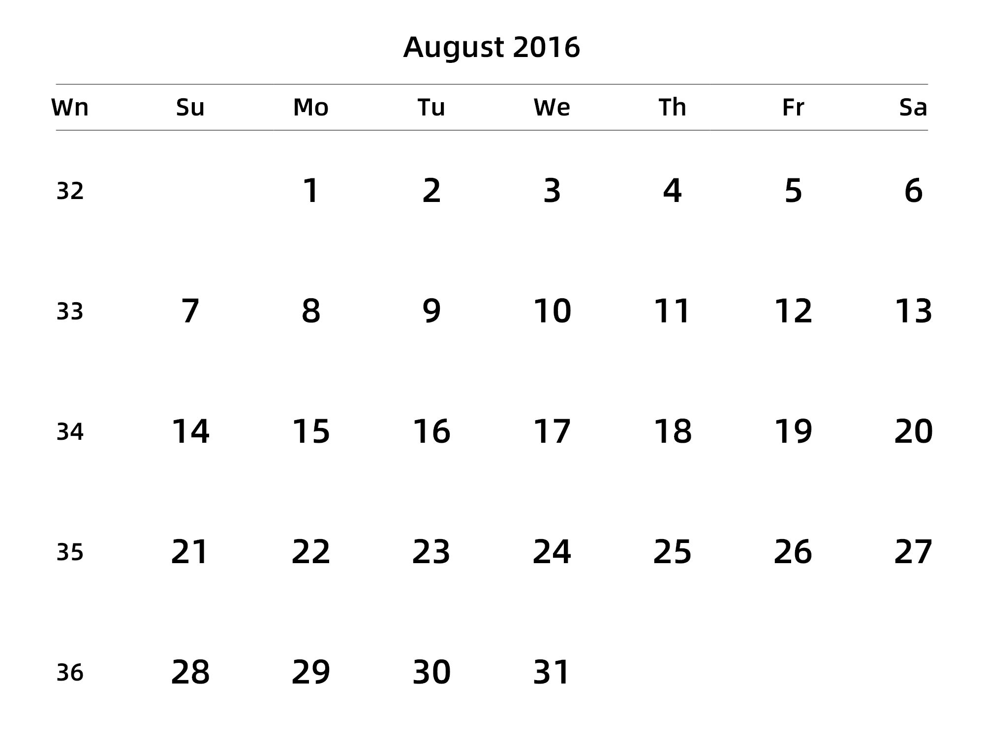 英文版 周日开始 带周数