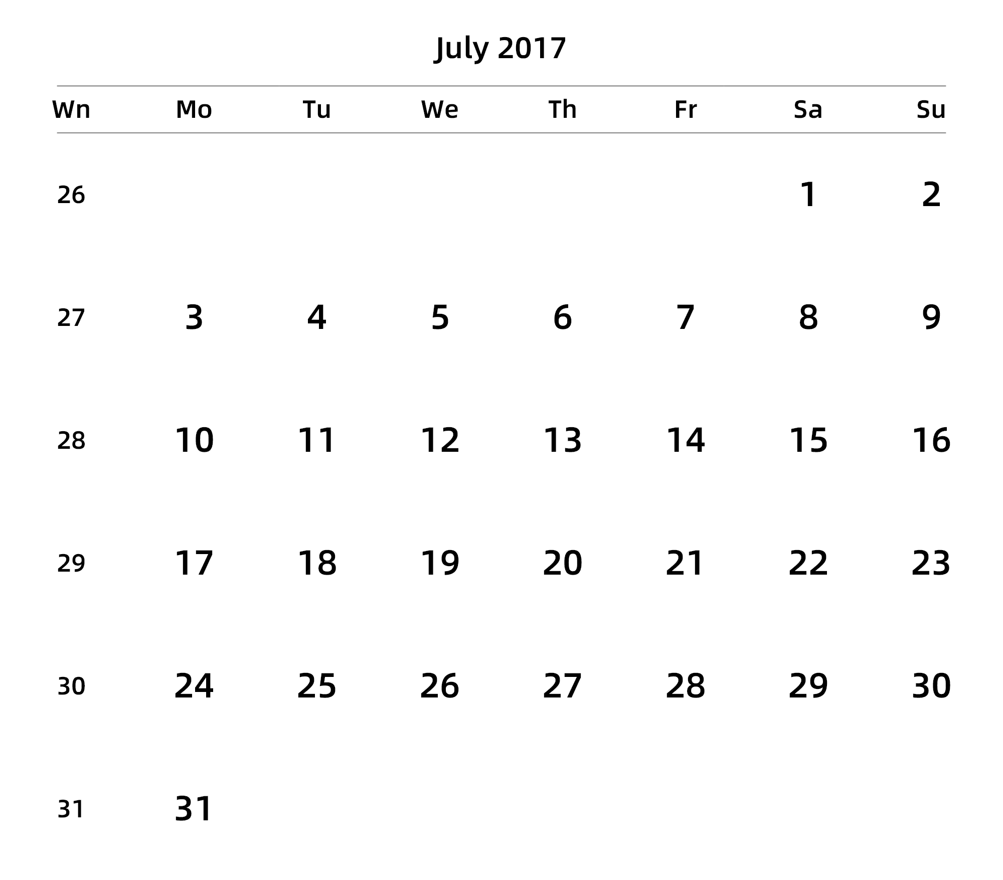 英文版 周一开始 带周数