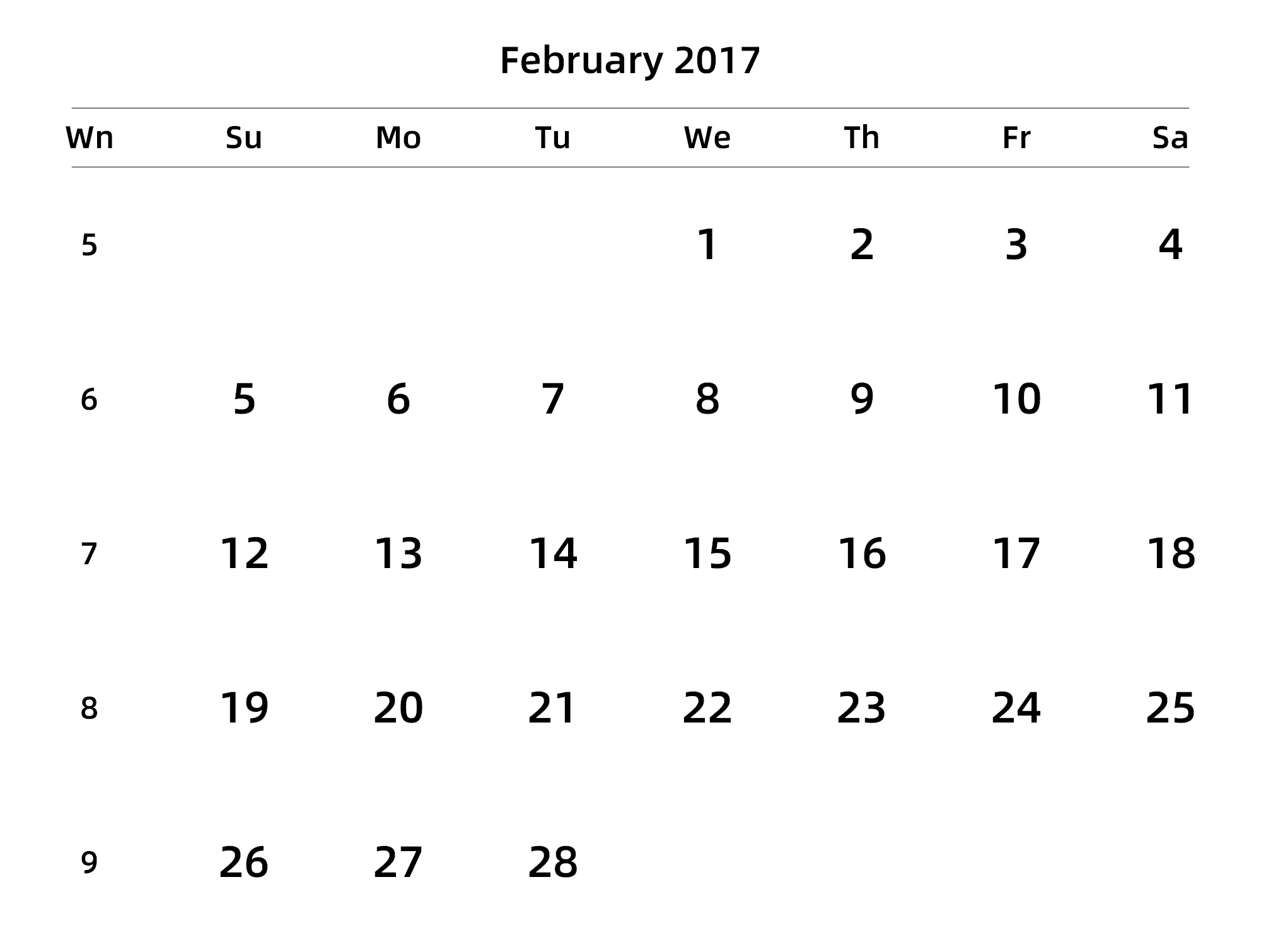 英文版 周日开始 带周数