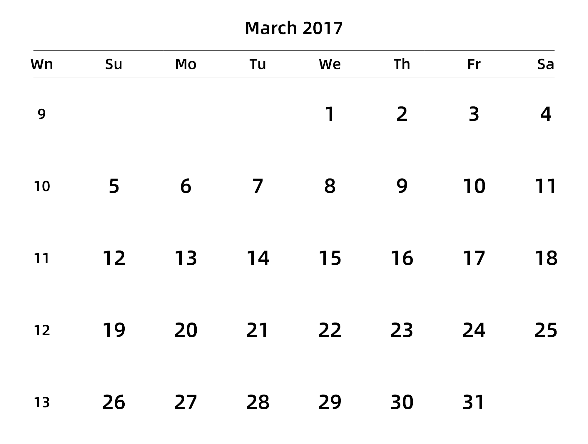 英文版 周日开始 带周数