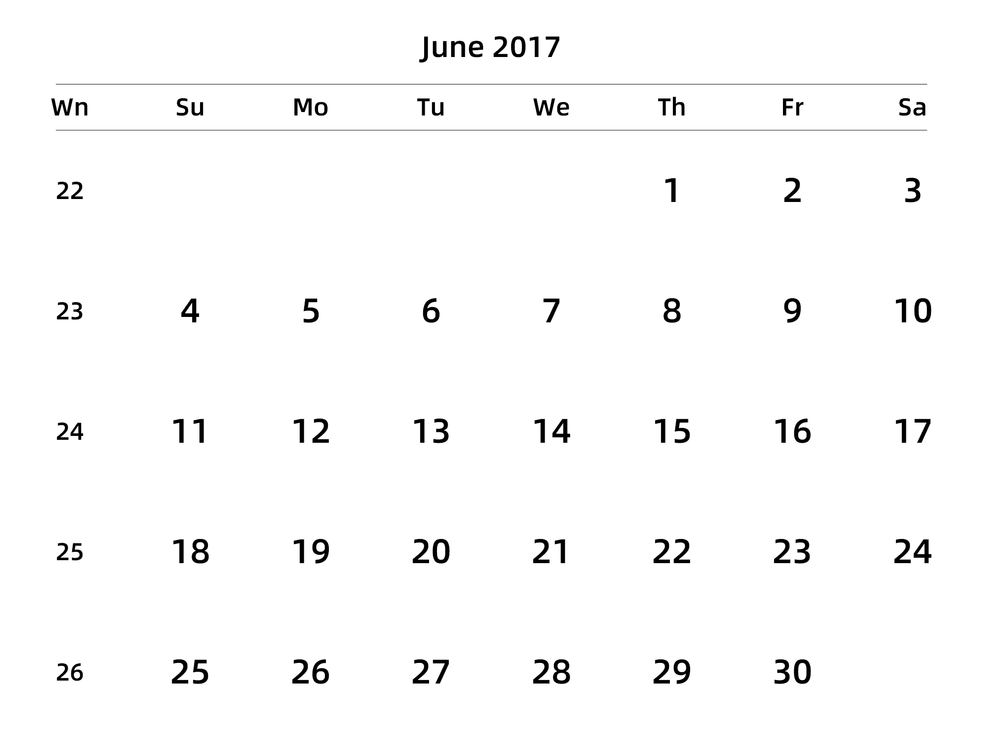 英文版 周日开始 带周数