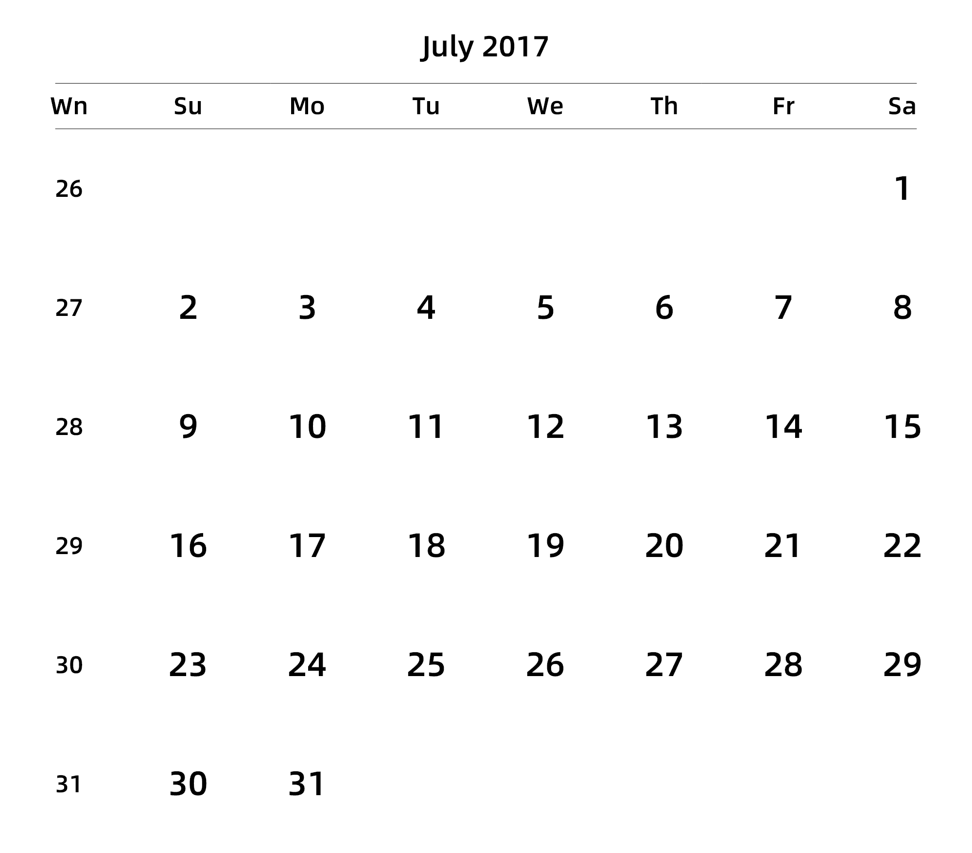 英文版 周日开始 带周数