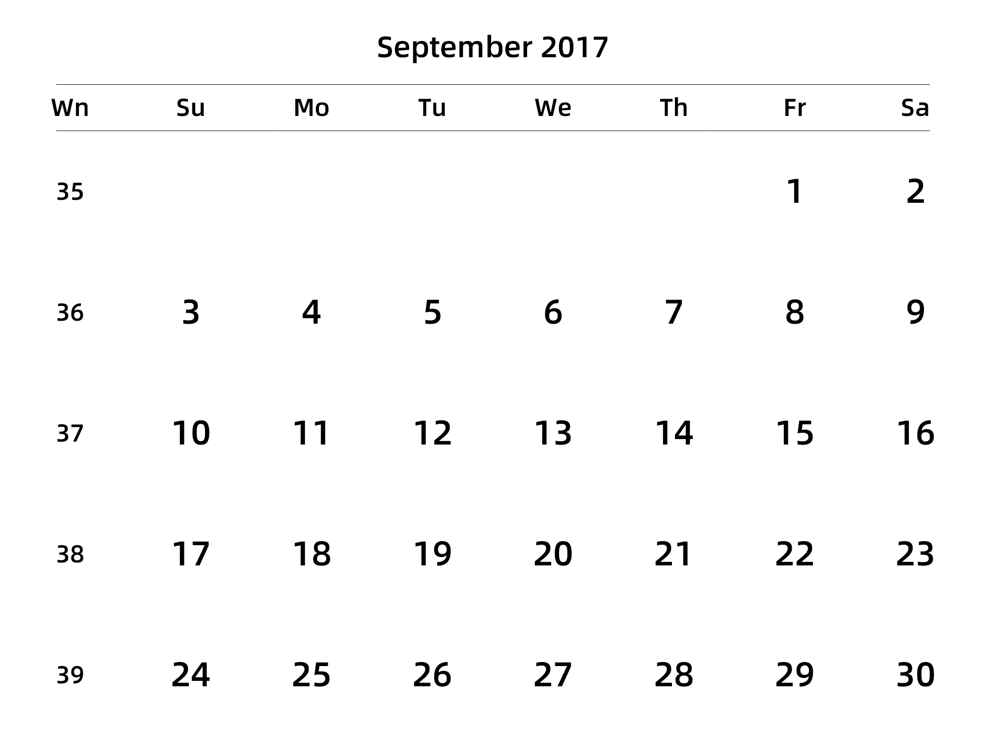 英文版 周日开始 带周数