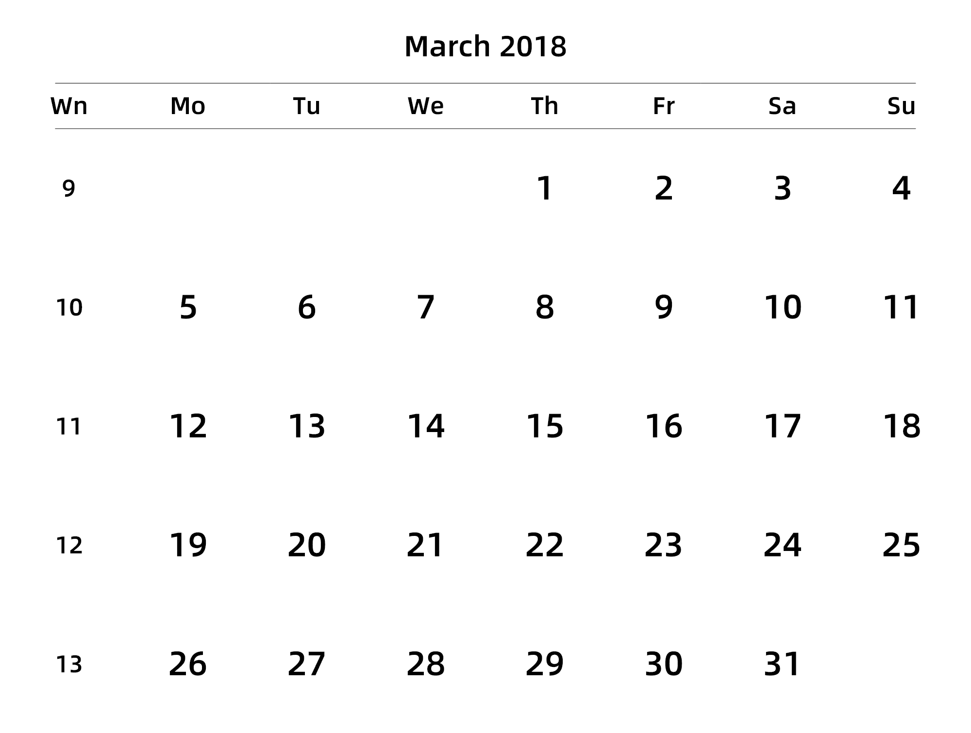 英文版 周一开始 带周数