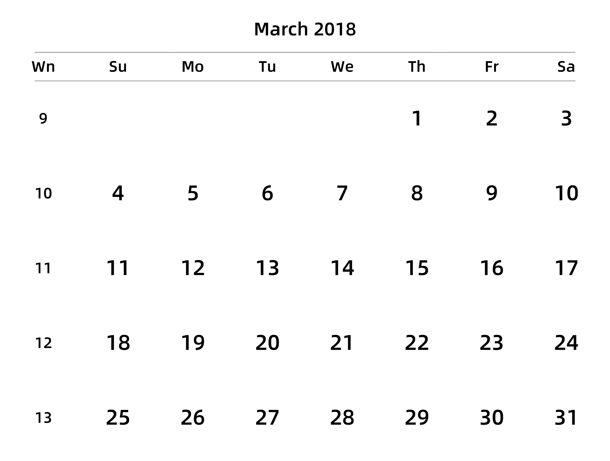 英文版 周日开始 带周数