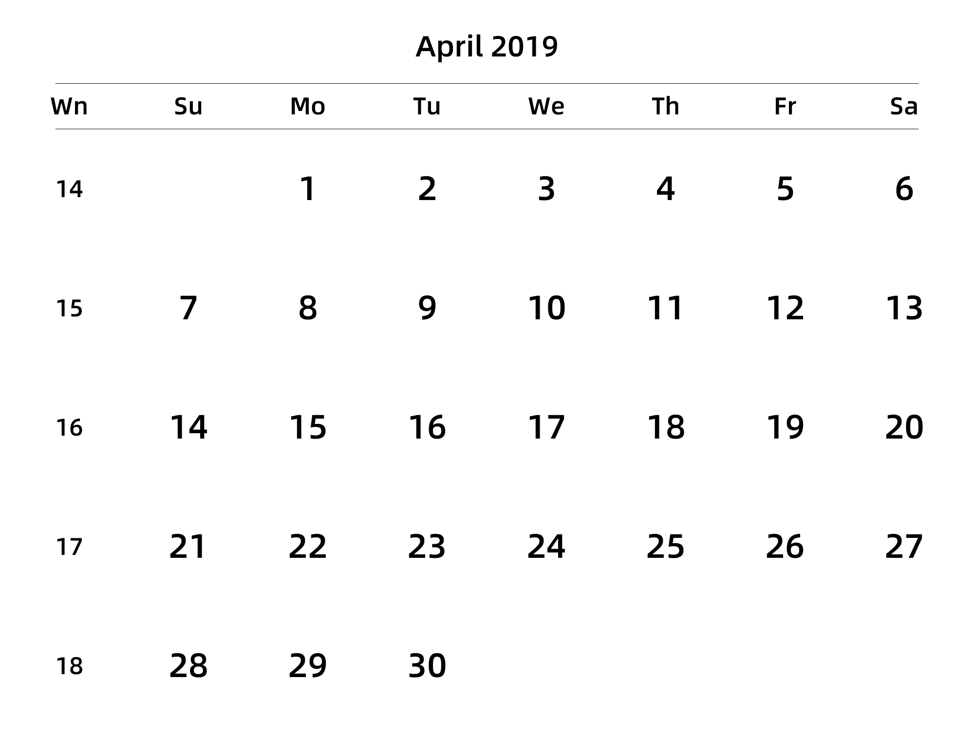 英文版 周日开始 带周数
