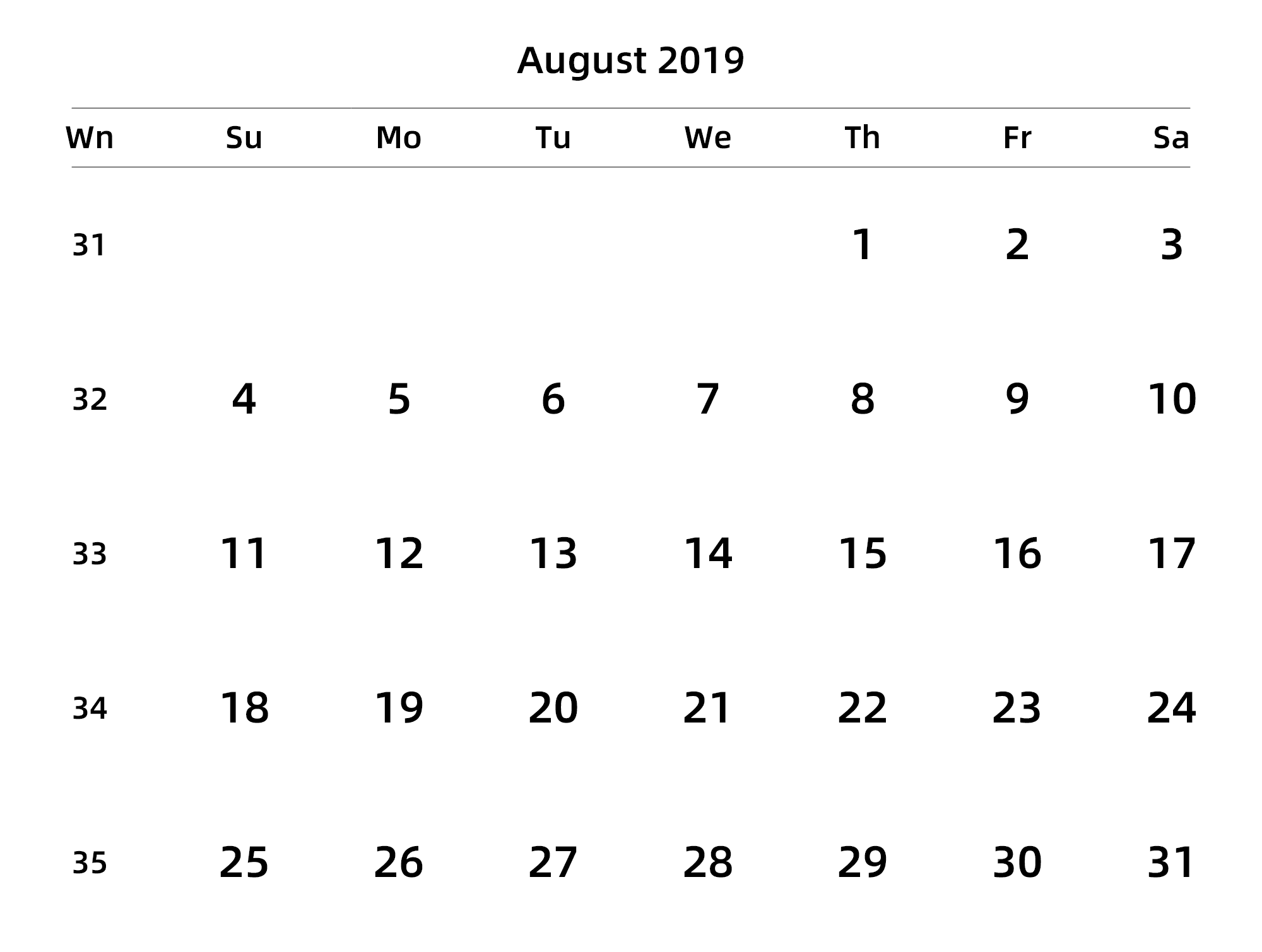英文版 周日开始 带周数
