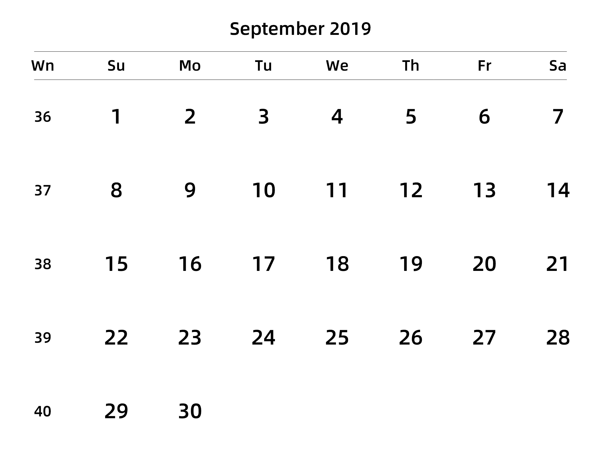 英文版 周日开始 带周数