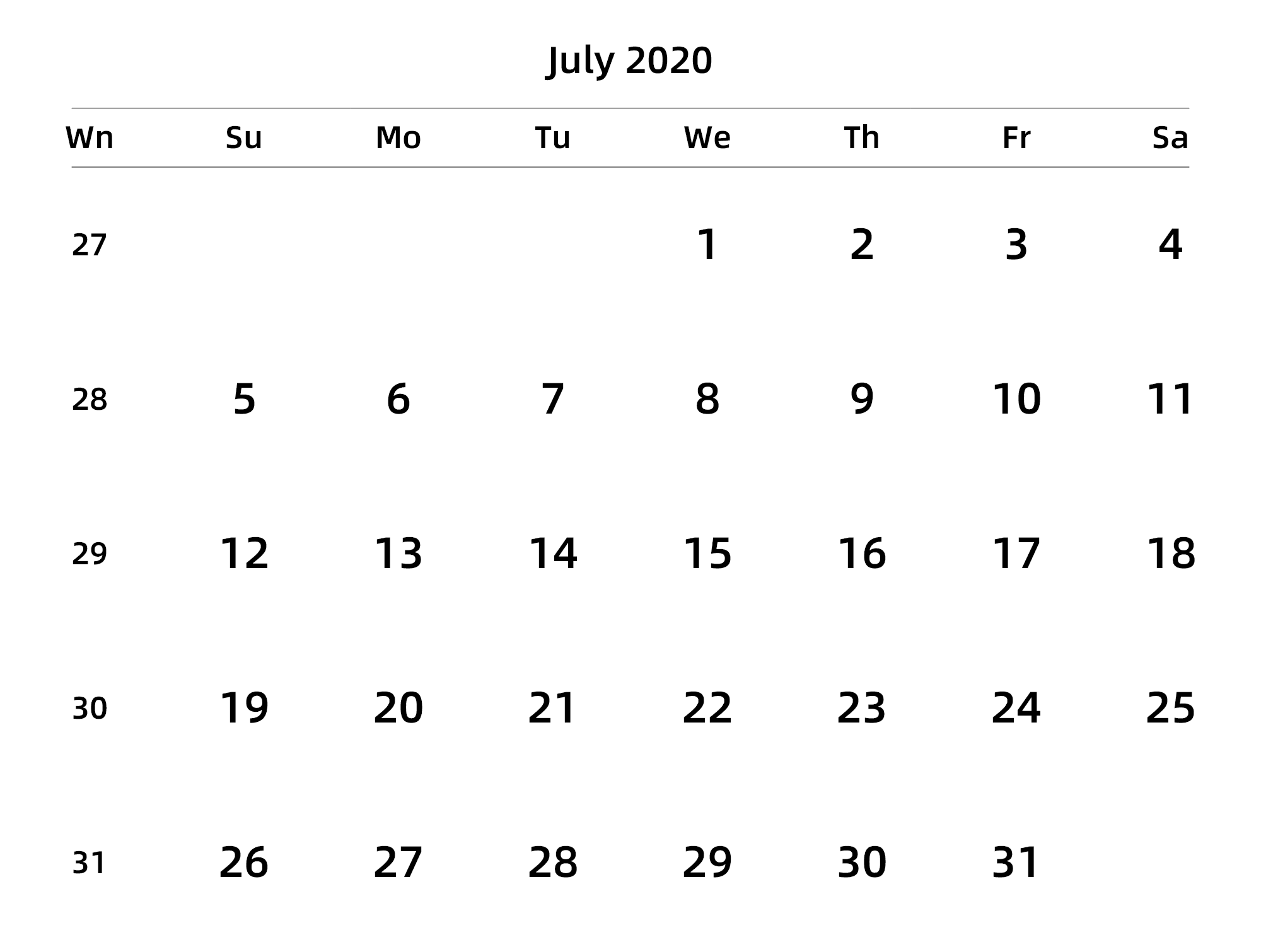 英文版 周日开始 带周数