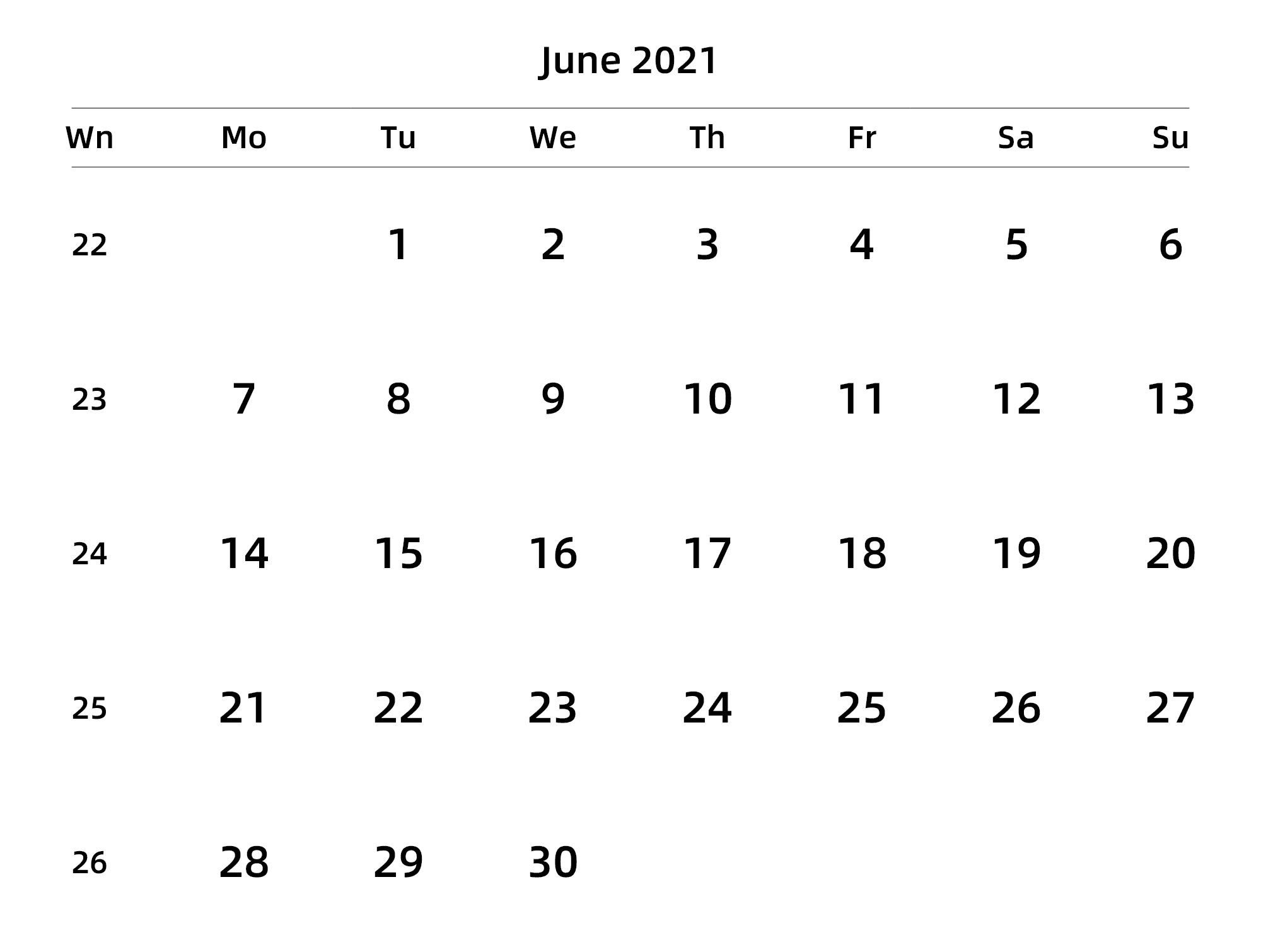 英文版 周一开始 带周数