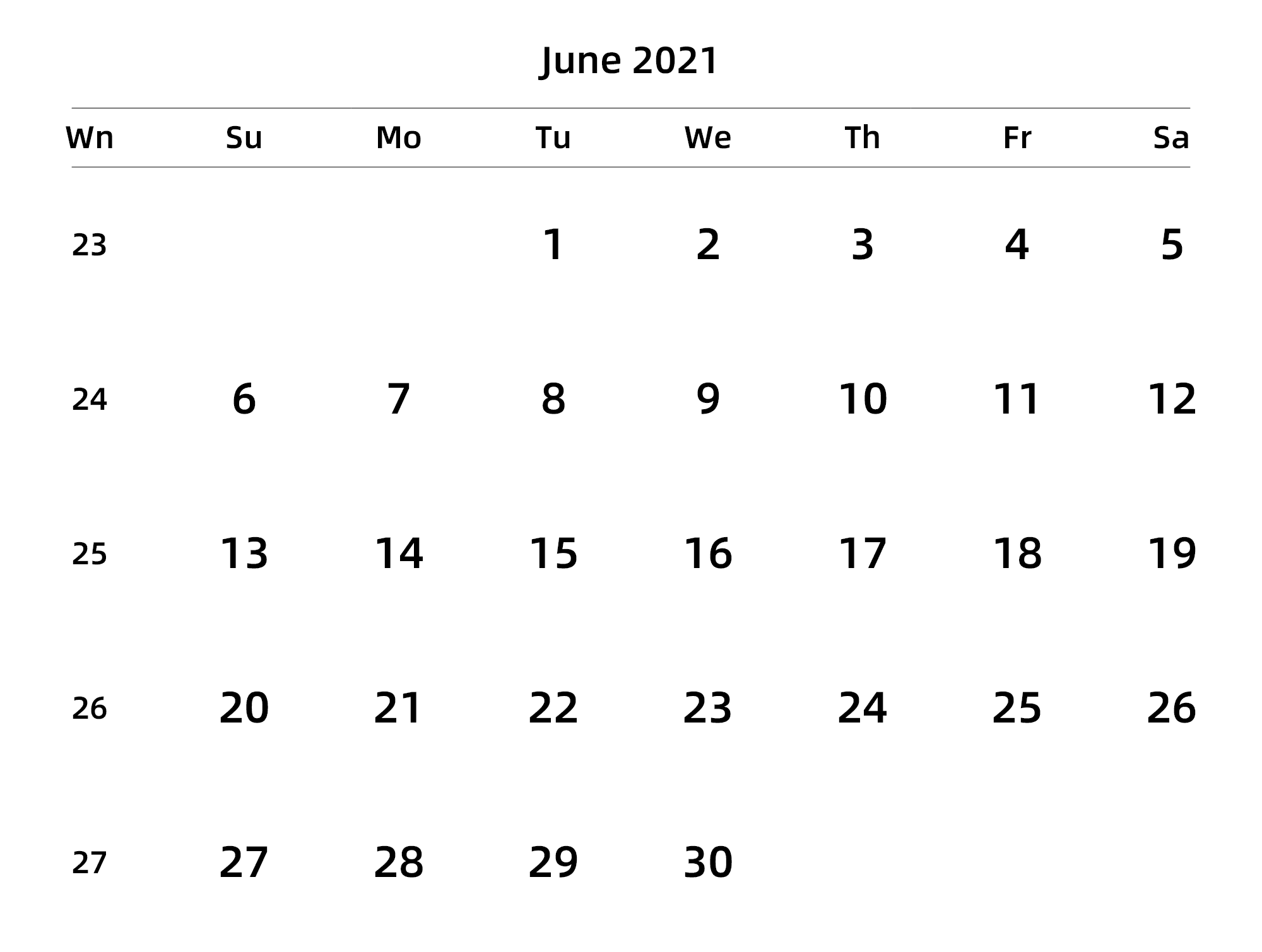 英文版 周日开始 带周数