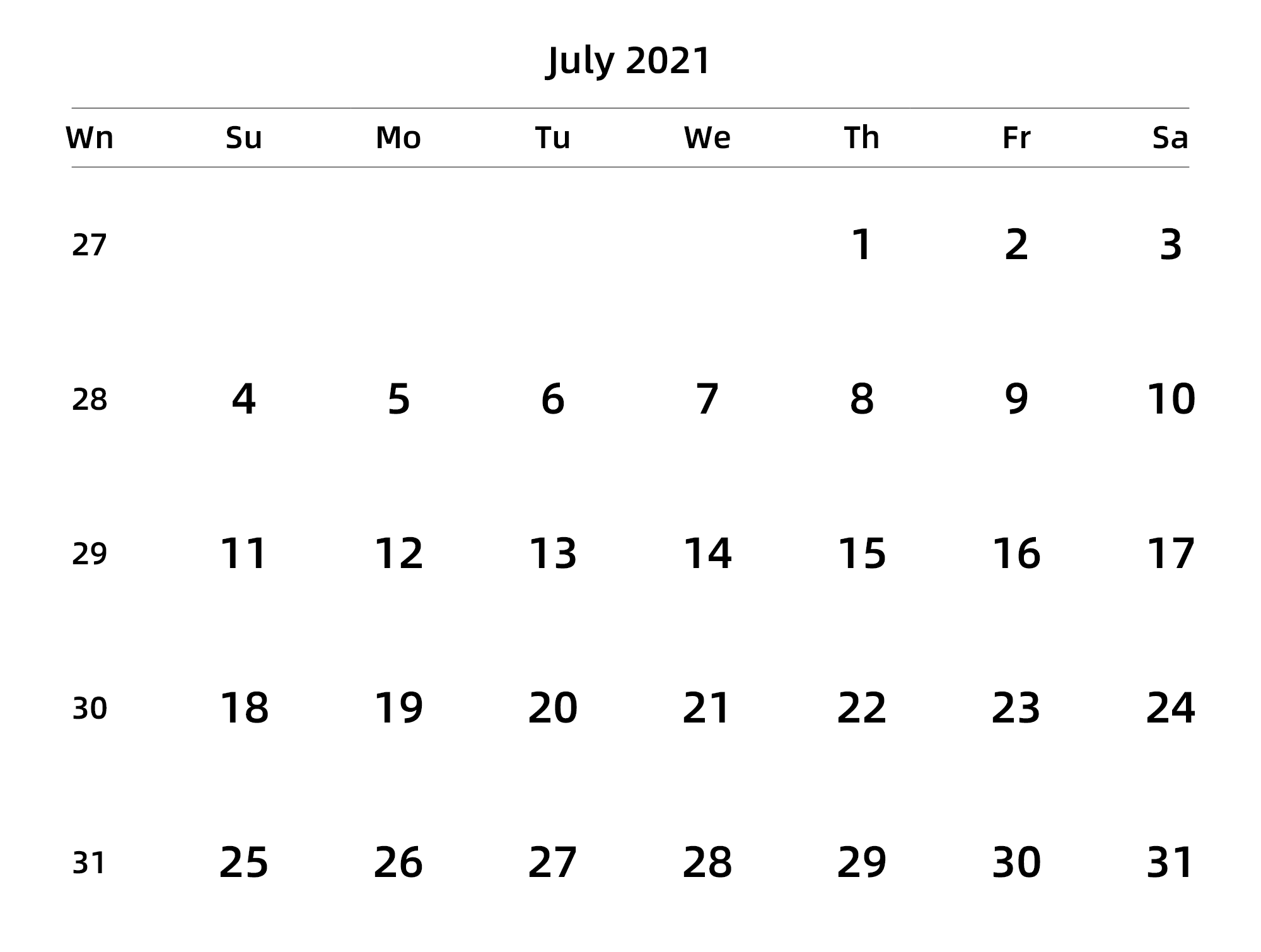 英文版 周日开始 带周数