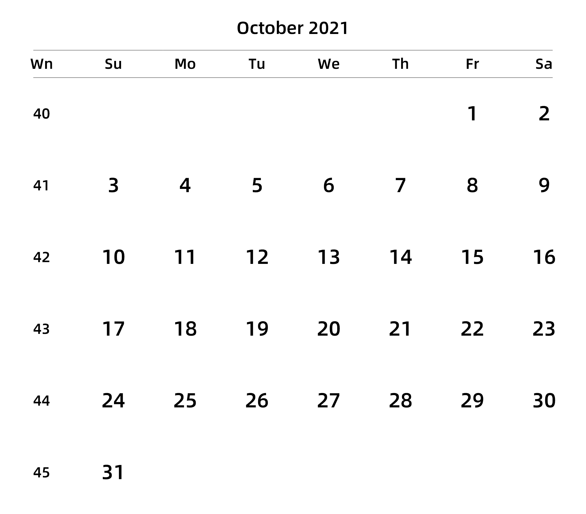 英文版 周日开始 带周数