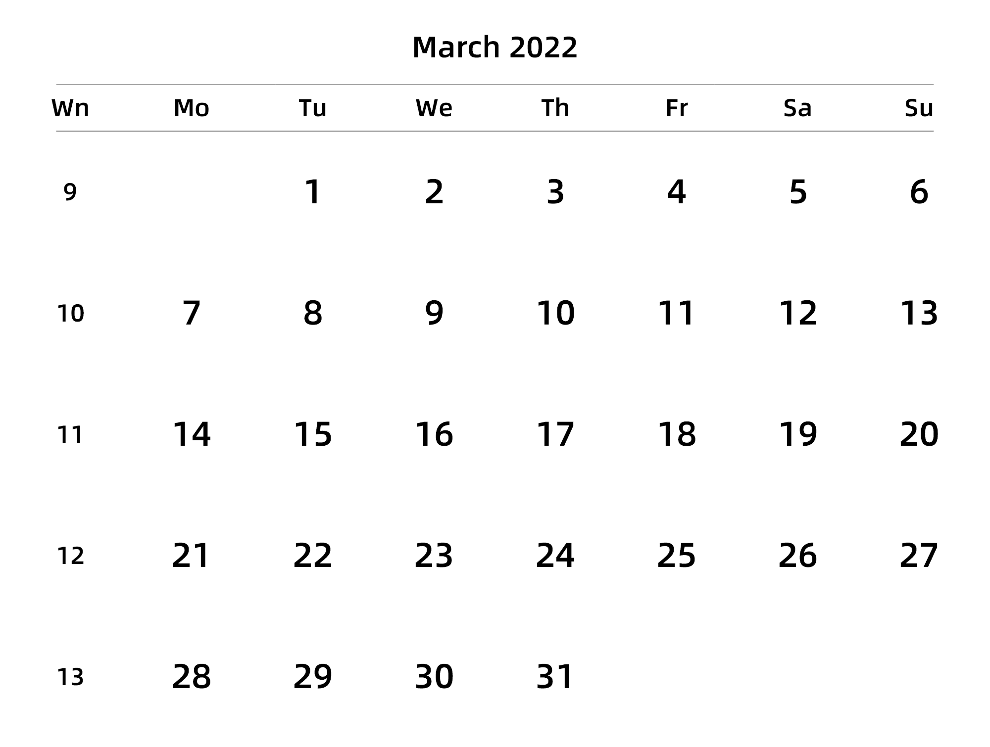 英文版 周一开始 带周数