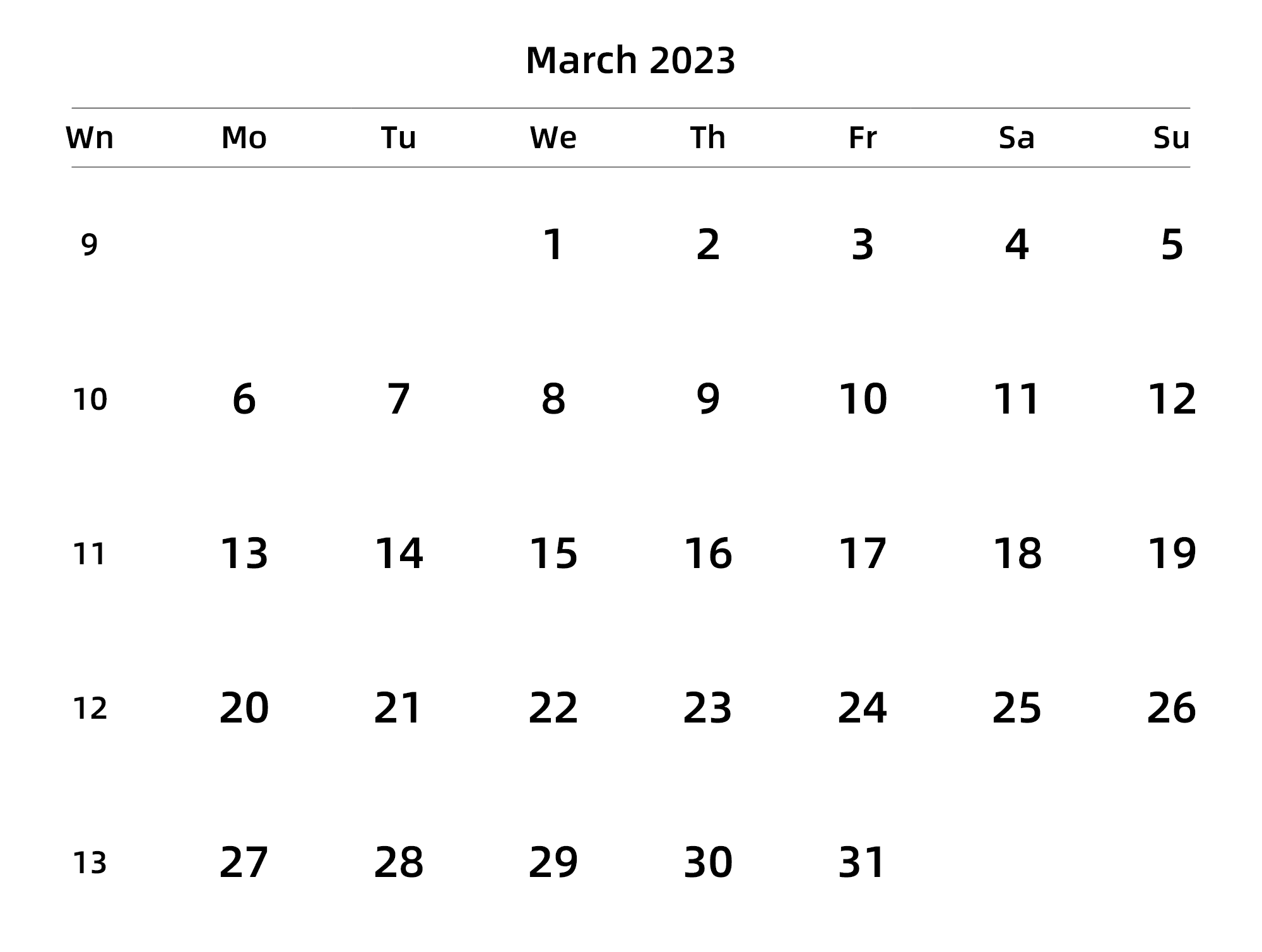 英文版 周一开始 带周数