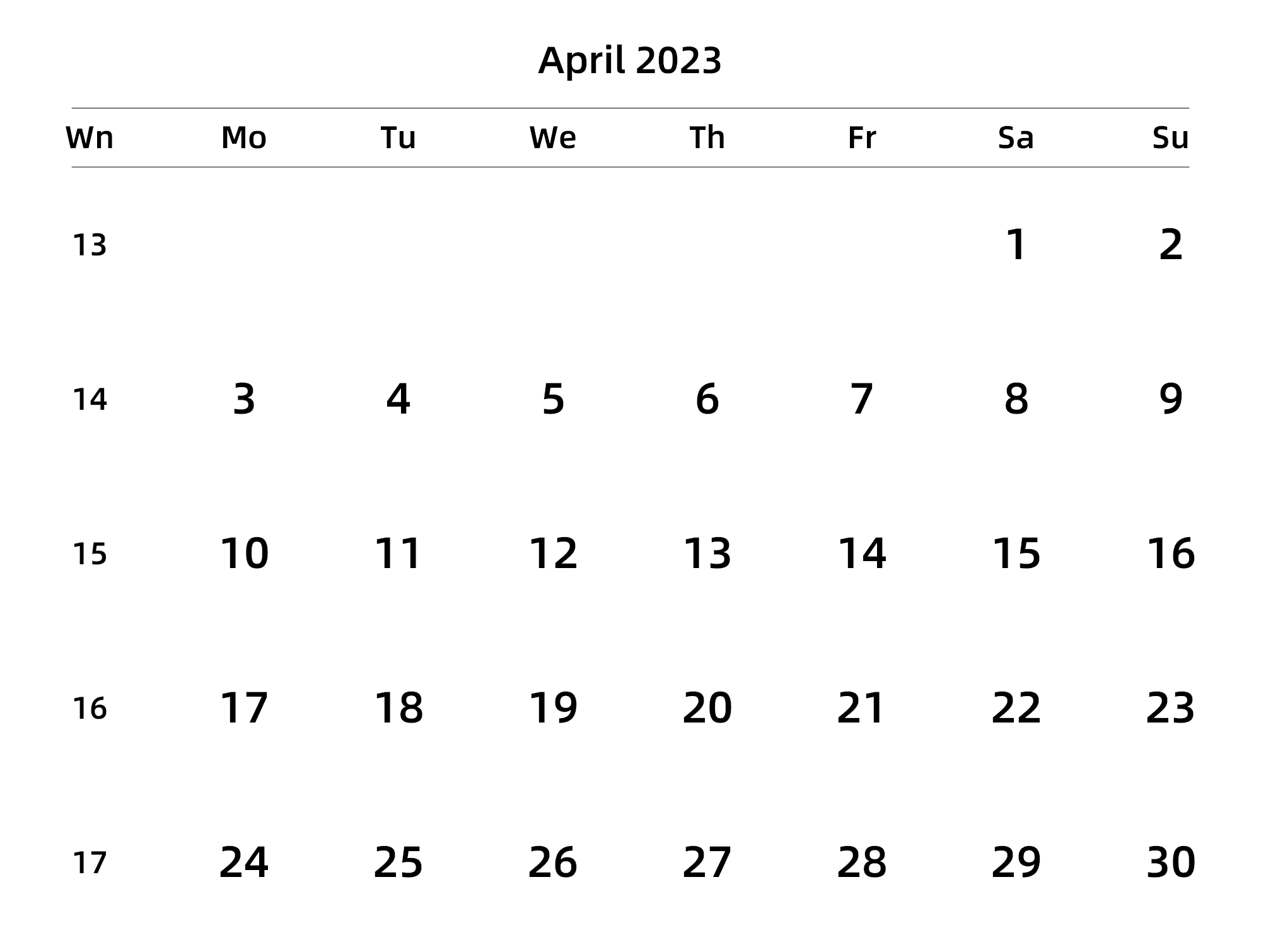 英文版 周一开始 带周数