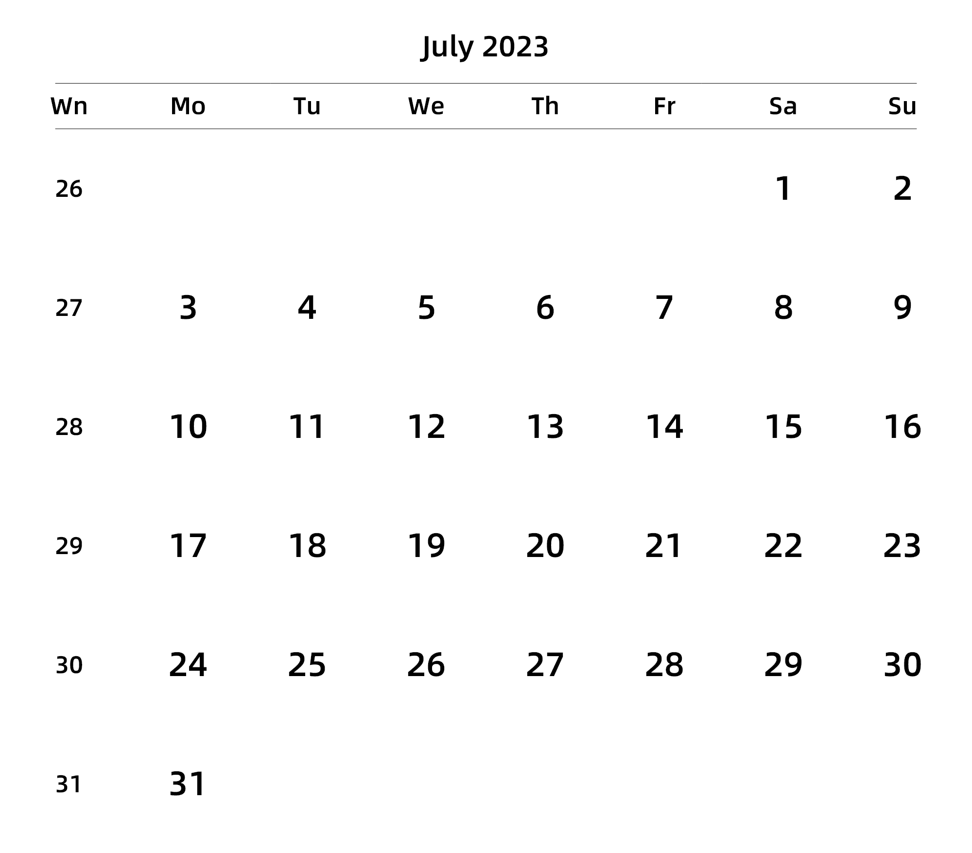 英文版 周一开始 带周数