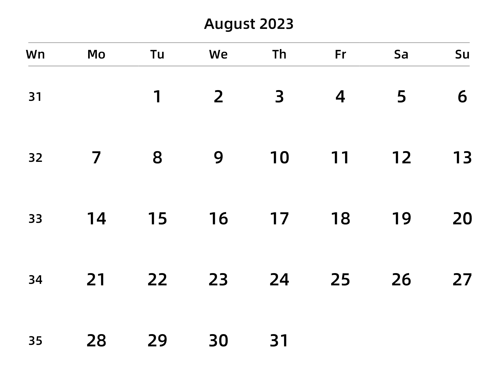 英文版 周一开始 带周数
