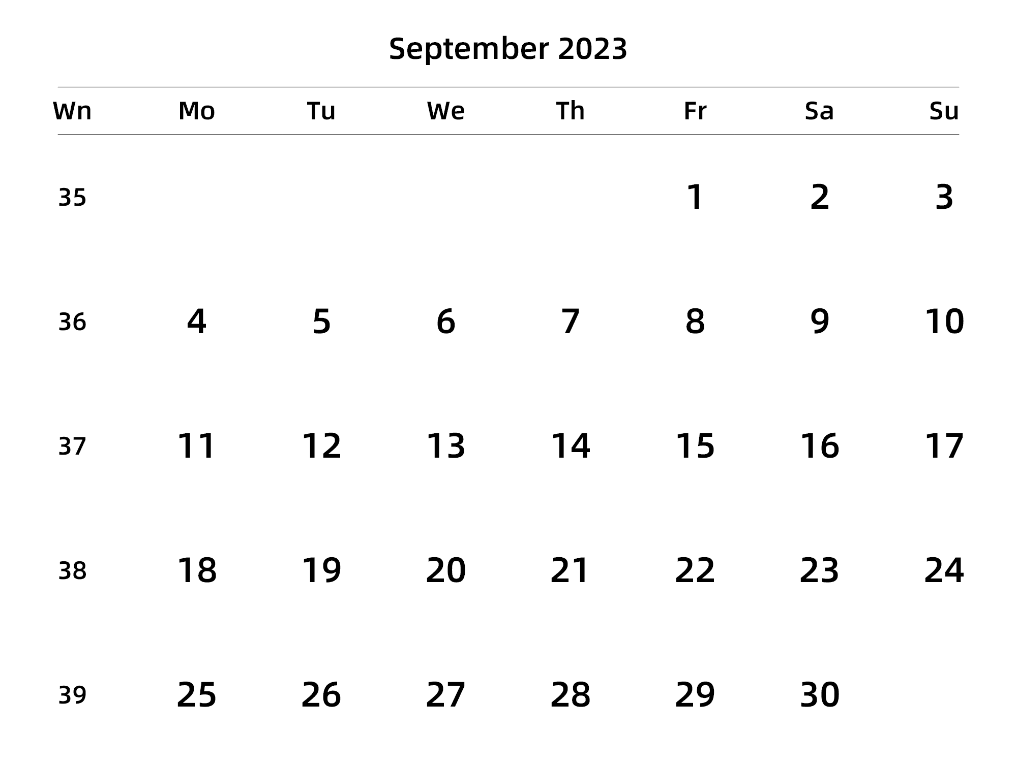 英文版 周一开始 带周数