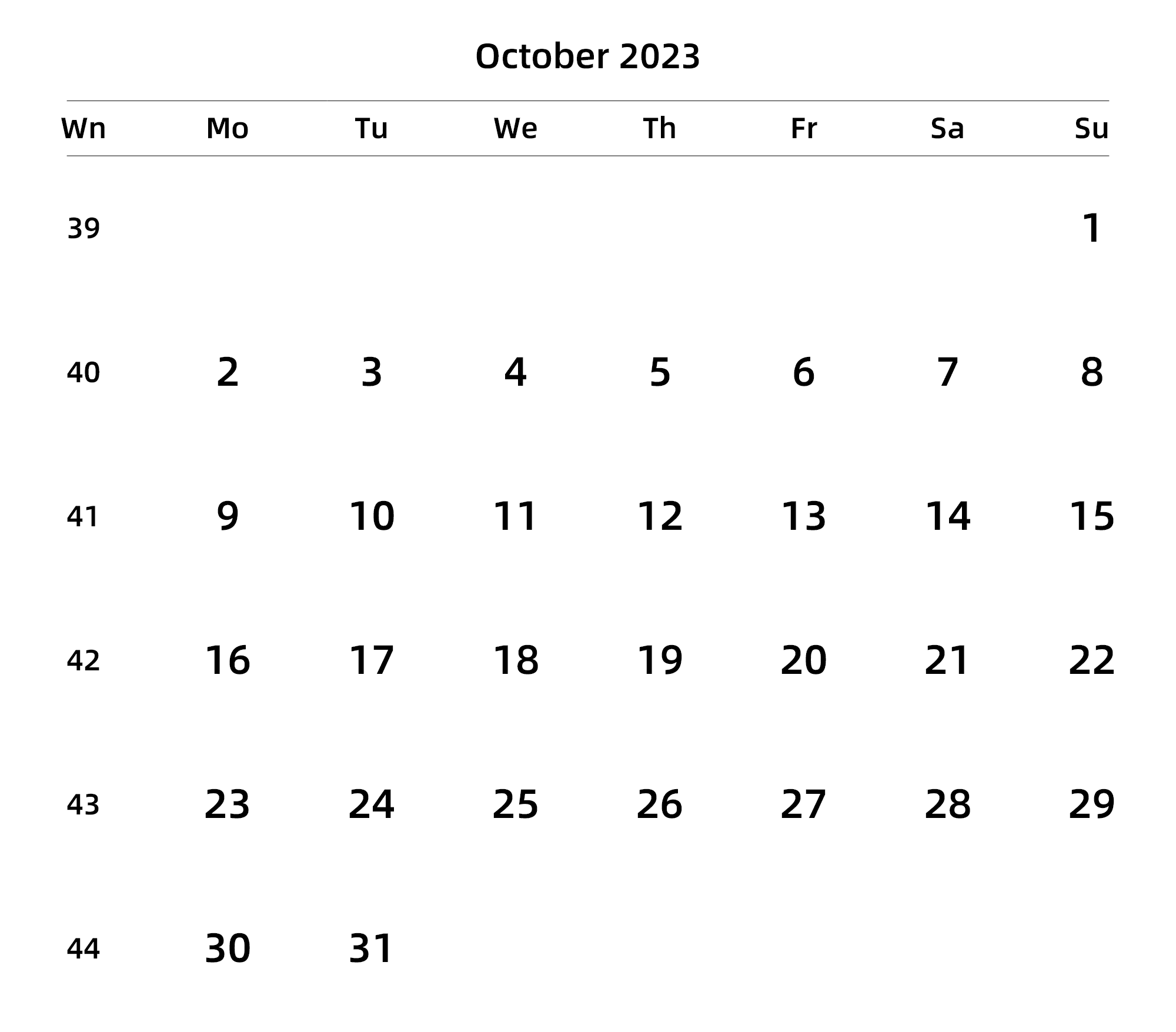 英文版 周一开始 带周数