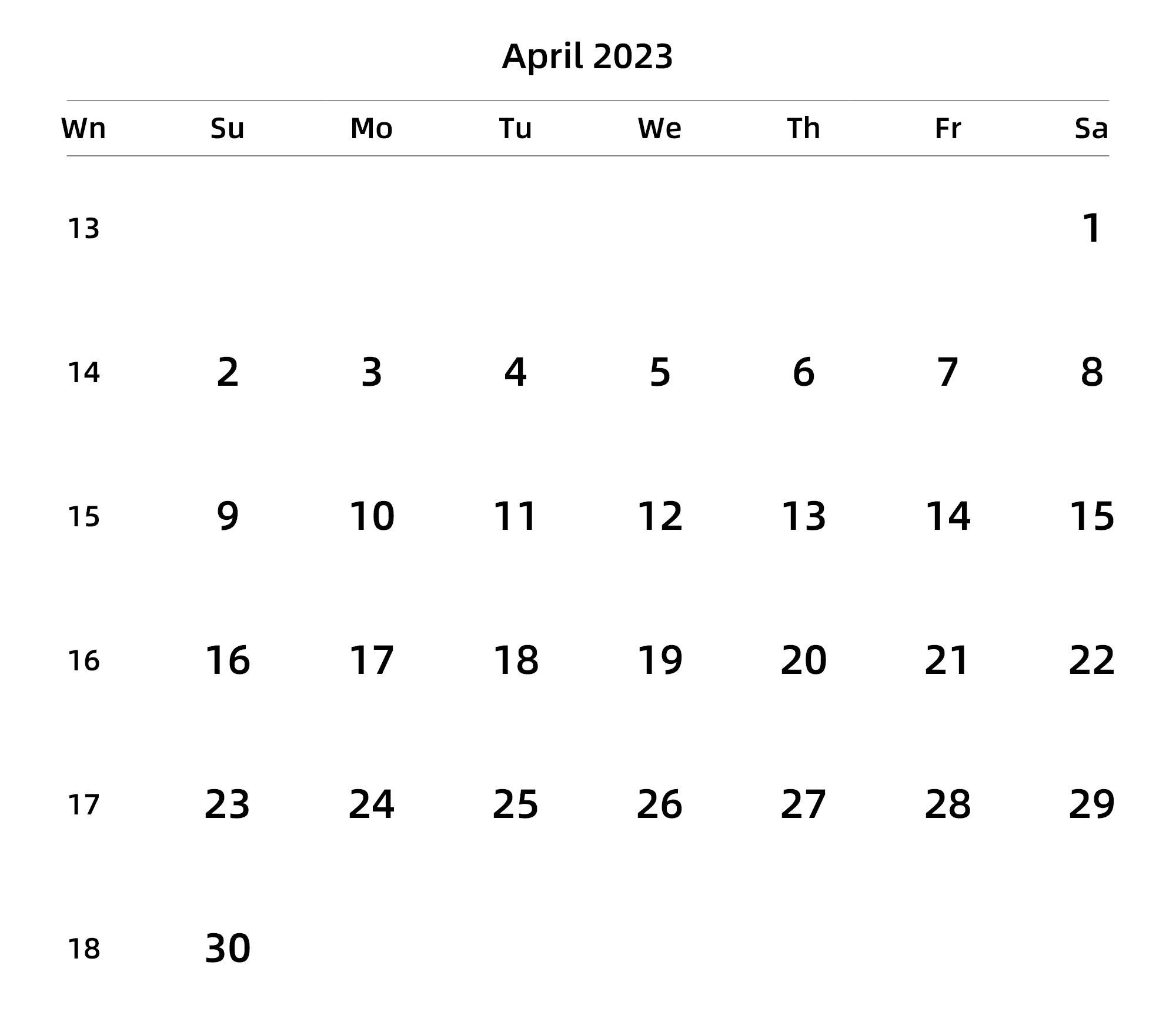 英文版 周日开始 带周数