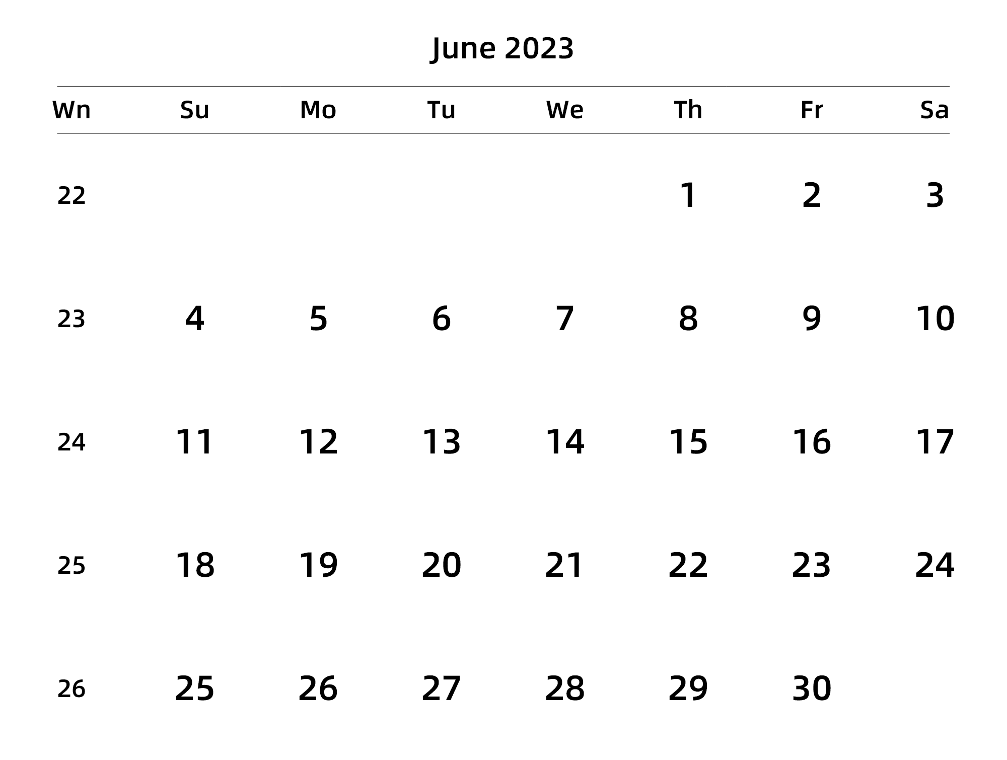 英文版 周日开始 带周数