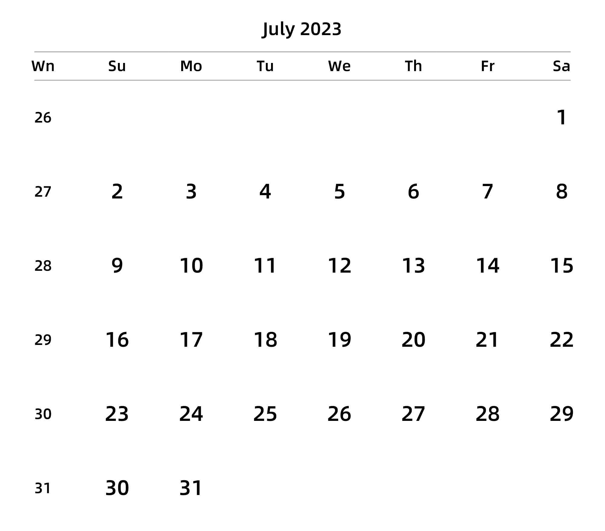 英文版 周日开始 带周数