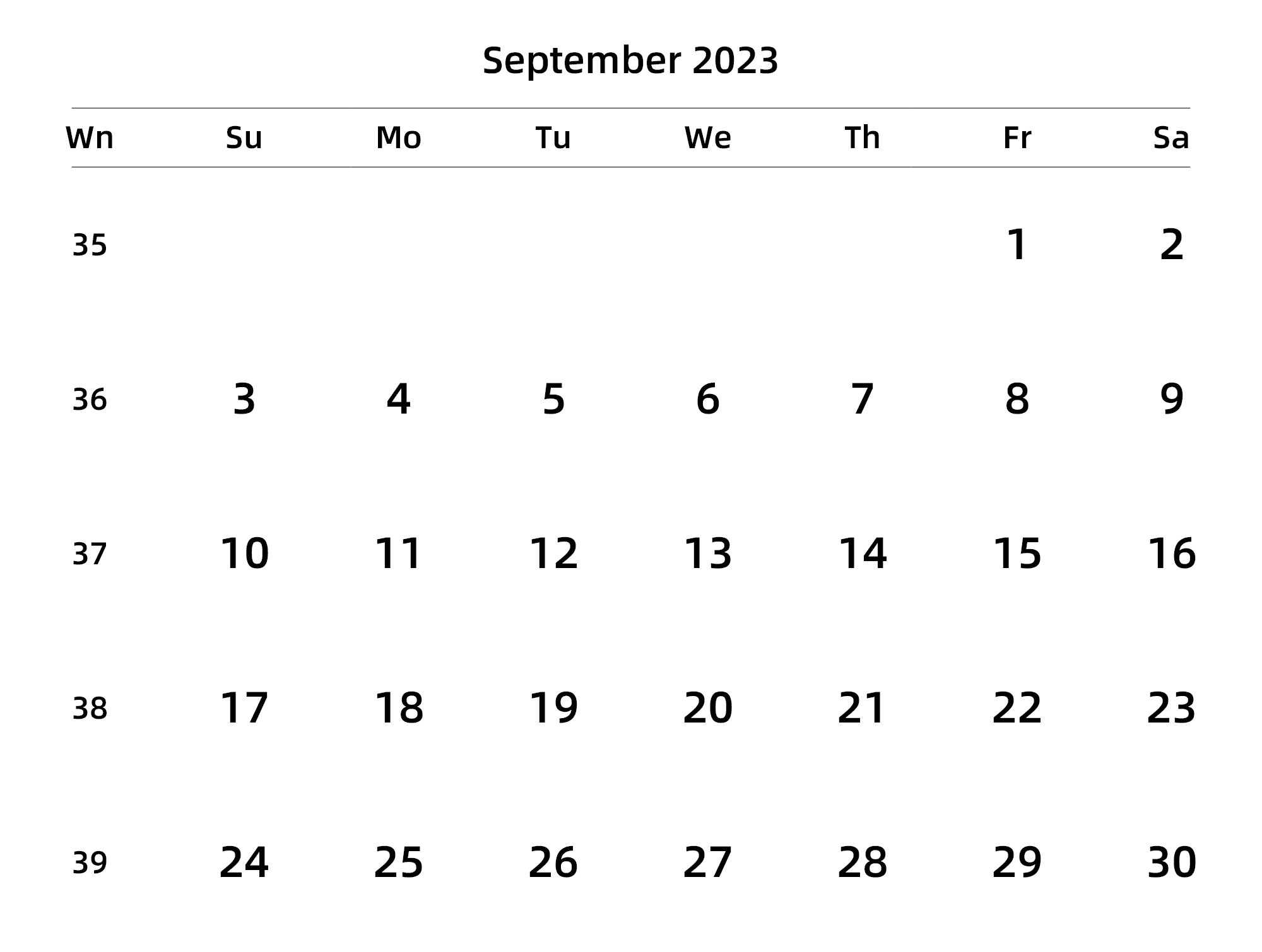 英文版 周日开始 带周数
