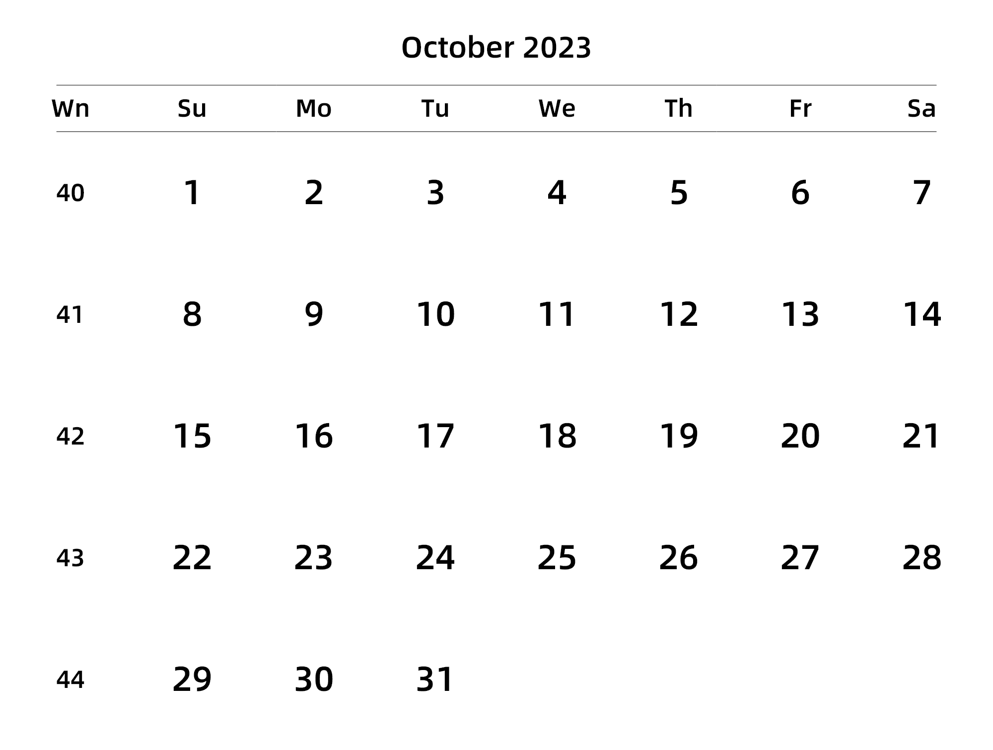英文版 周日开始 带周数