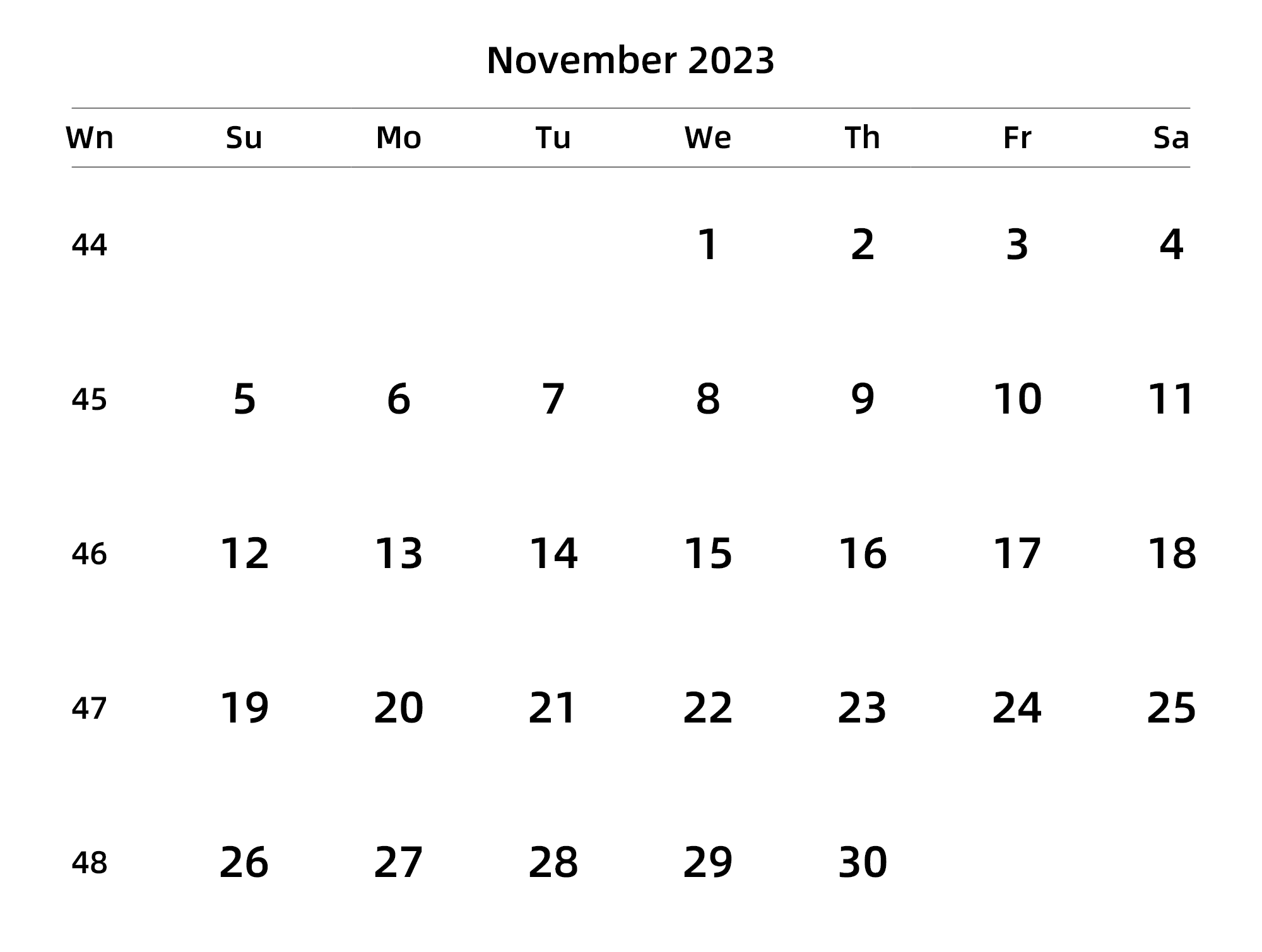 英文版 周日开始 带周数
