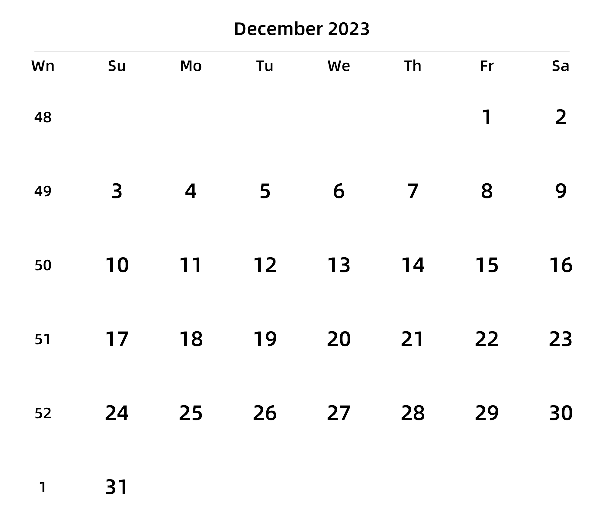 英文版 周日开始 带周数