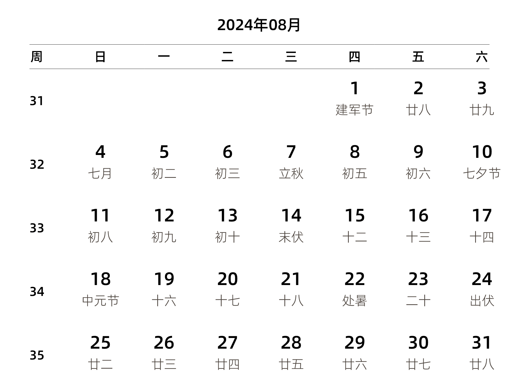 中文版 周日开始 带周数 带农历