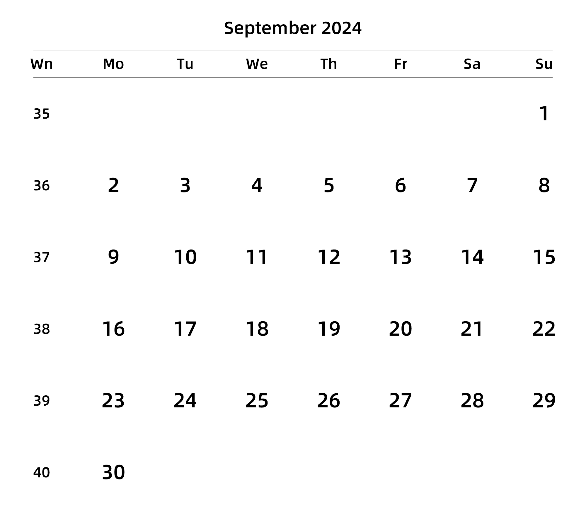 英文版 周一开始 带周数