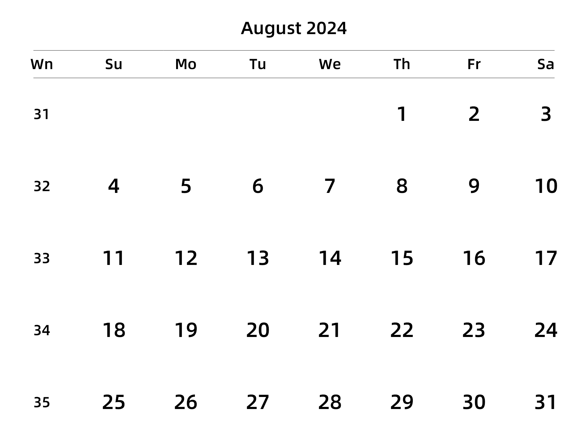英文版 周日开始 带周数
