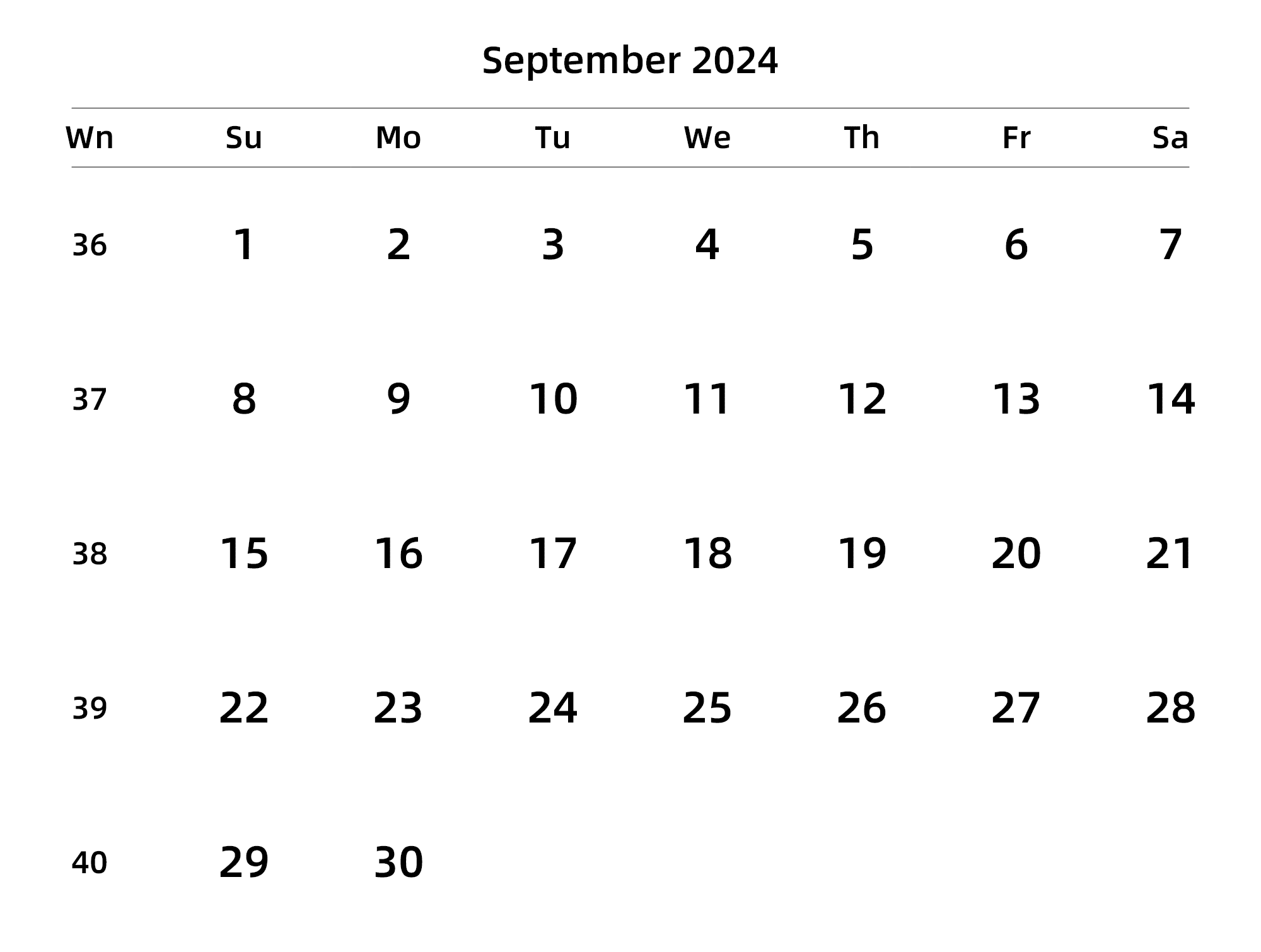 英文版 周日开始 带周数