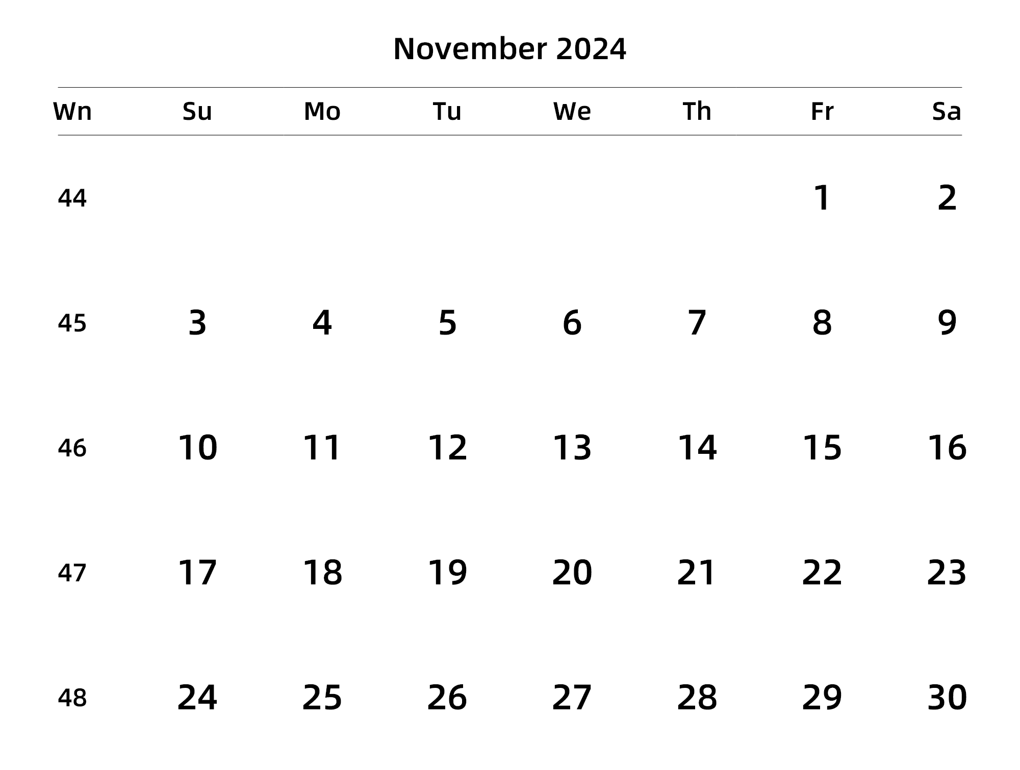 英文版 周日开始 带周数