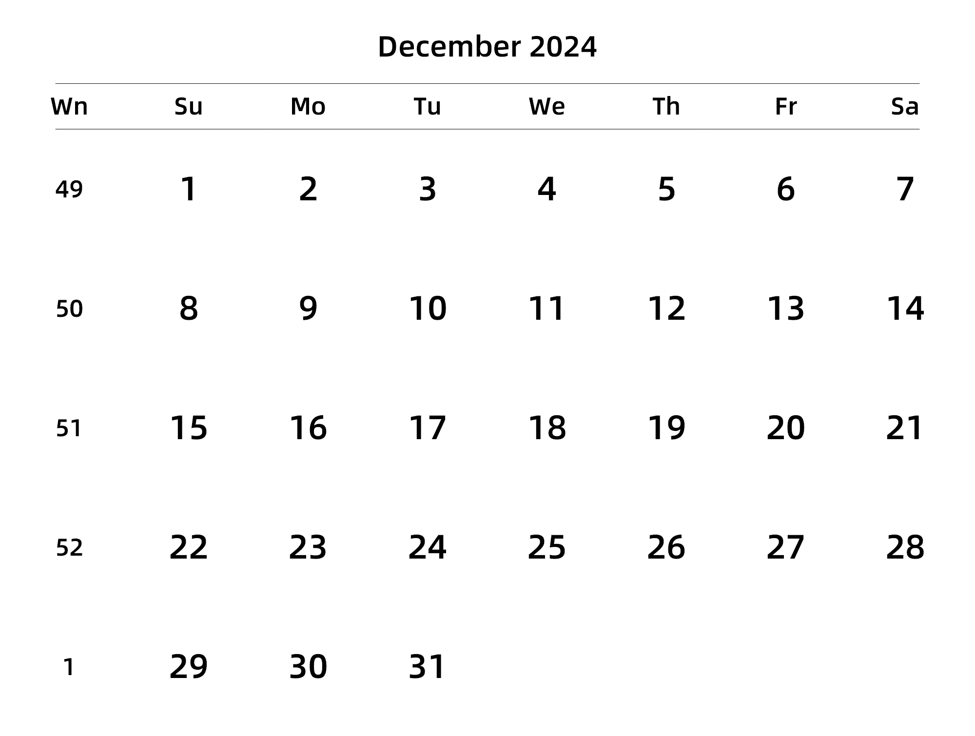 英文版 周日开始 带周数