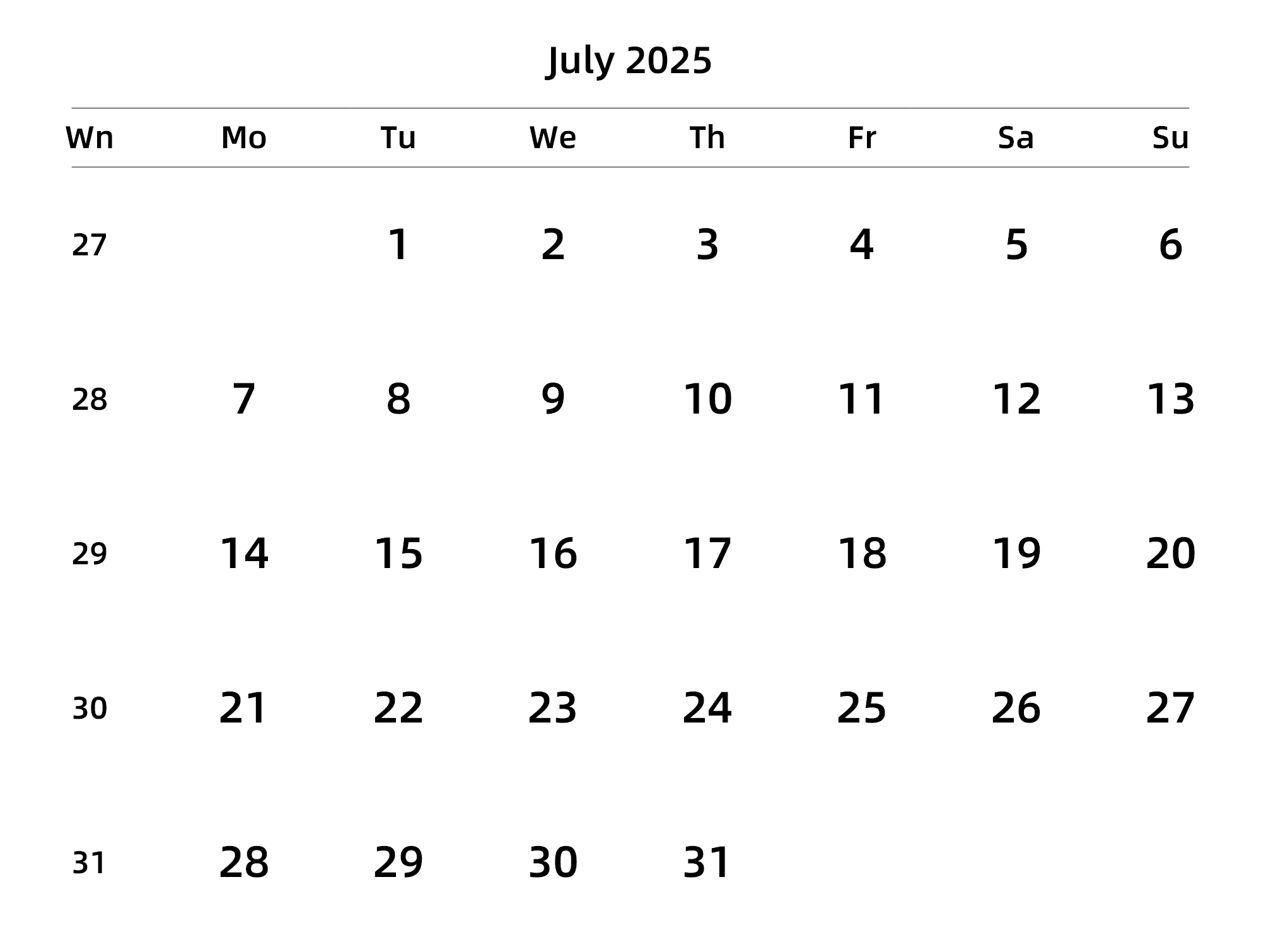 英文版 周一开始 带周数