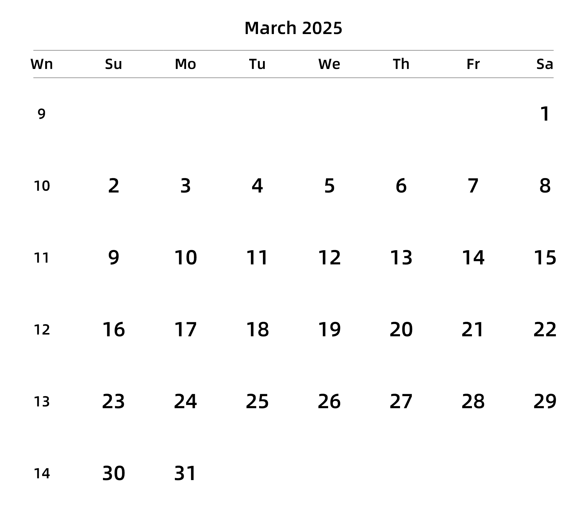 英文版 周日开始 带周数