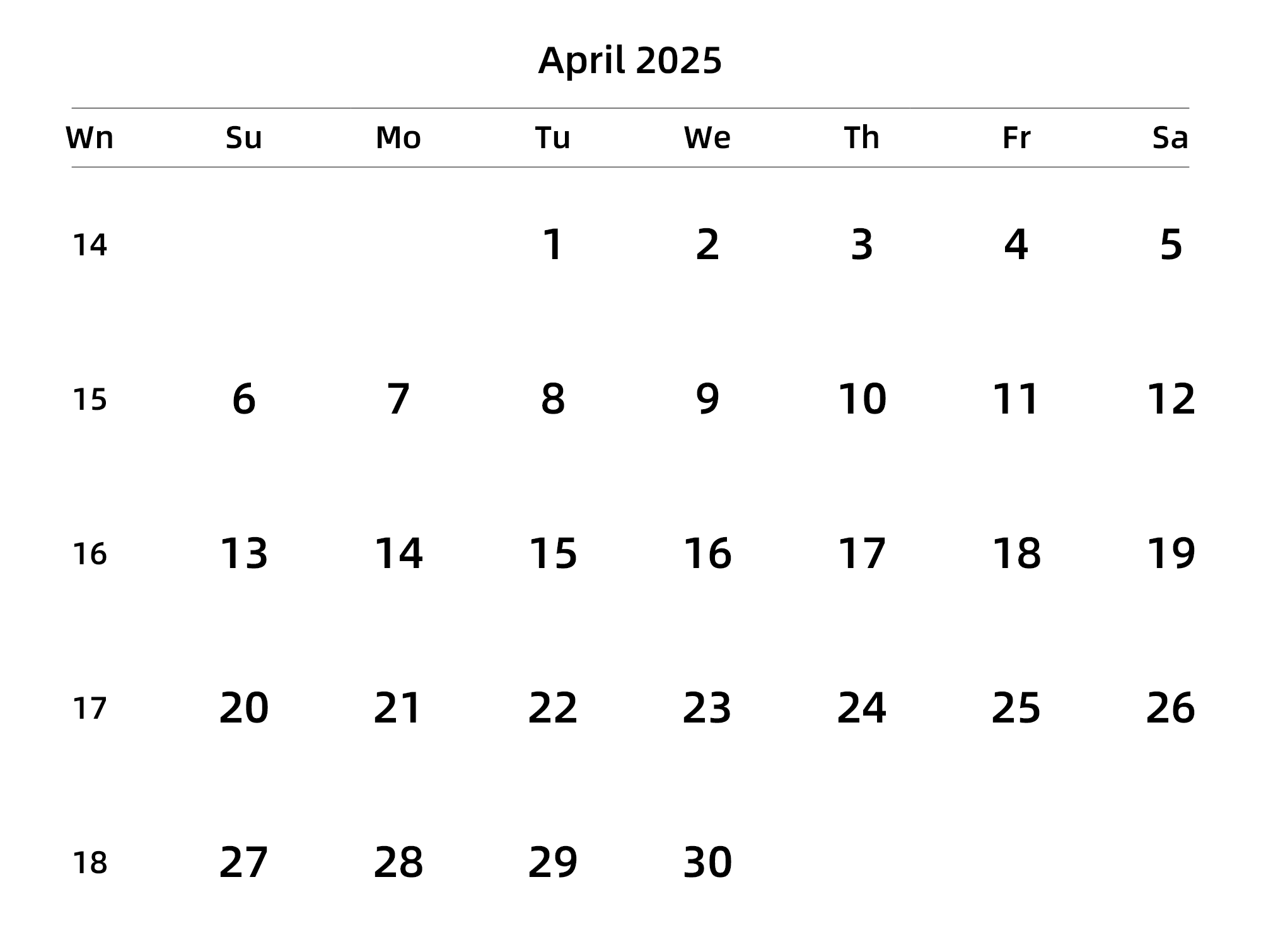 英文版 周日开始 带周数