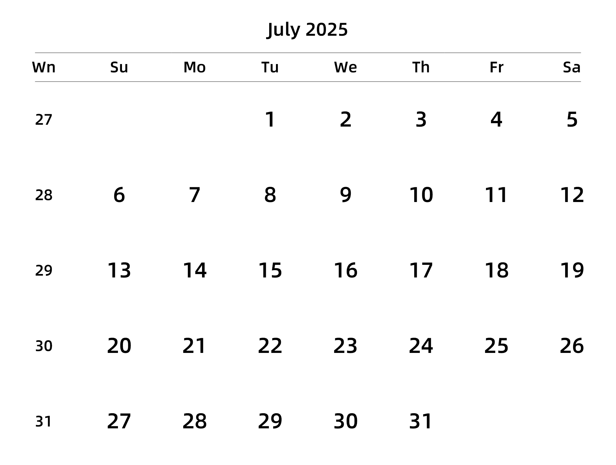 英文版 周日开始 带周数