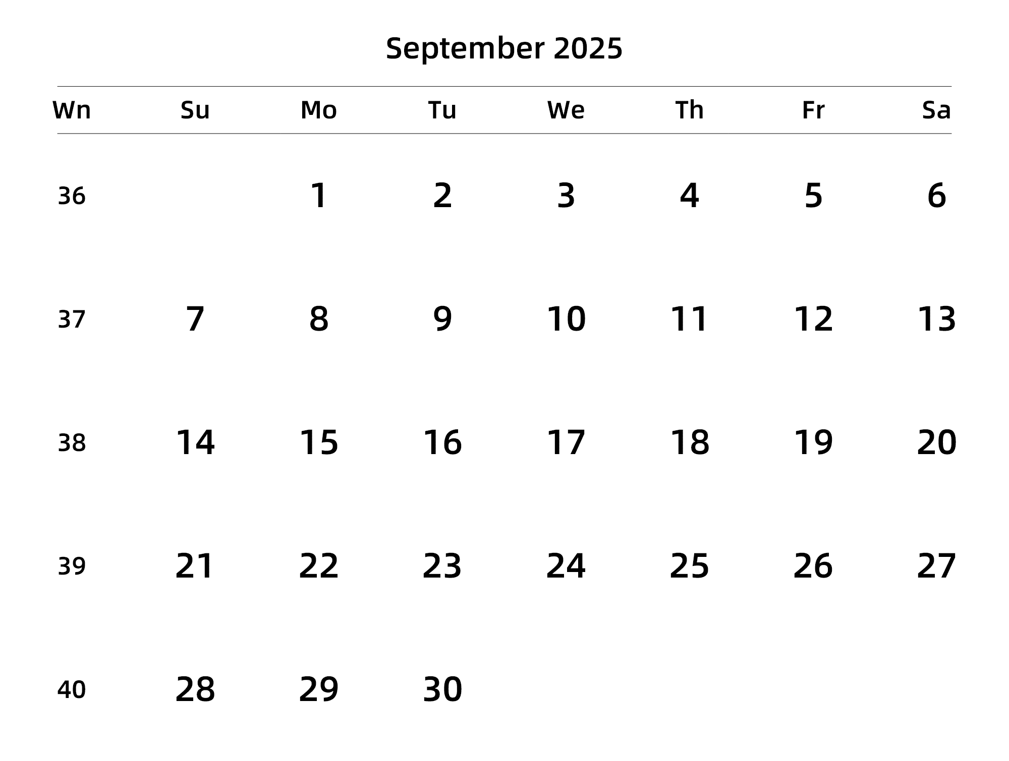 英文版 周日开始 带周数