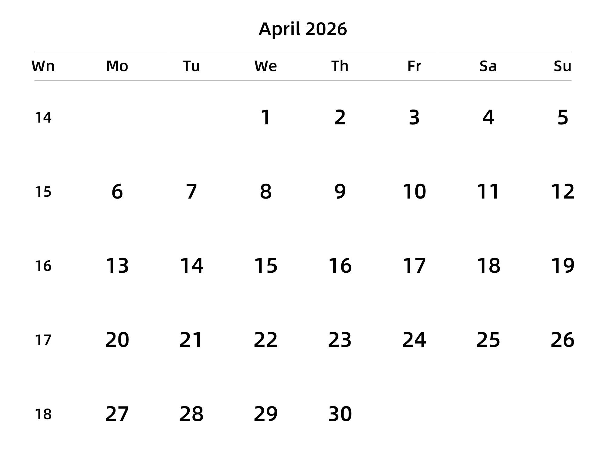 英文版 周一开始 带周数
